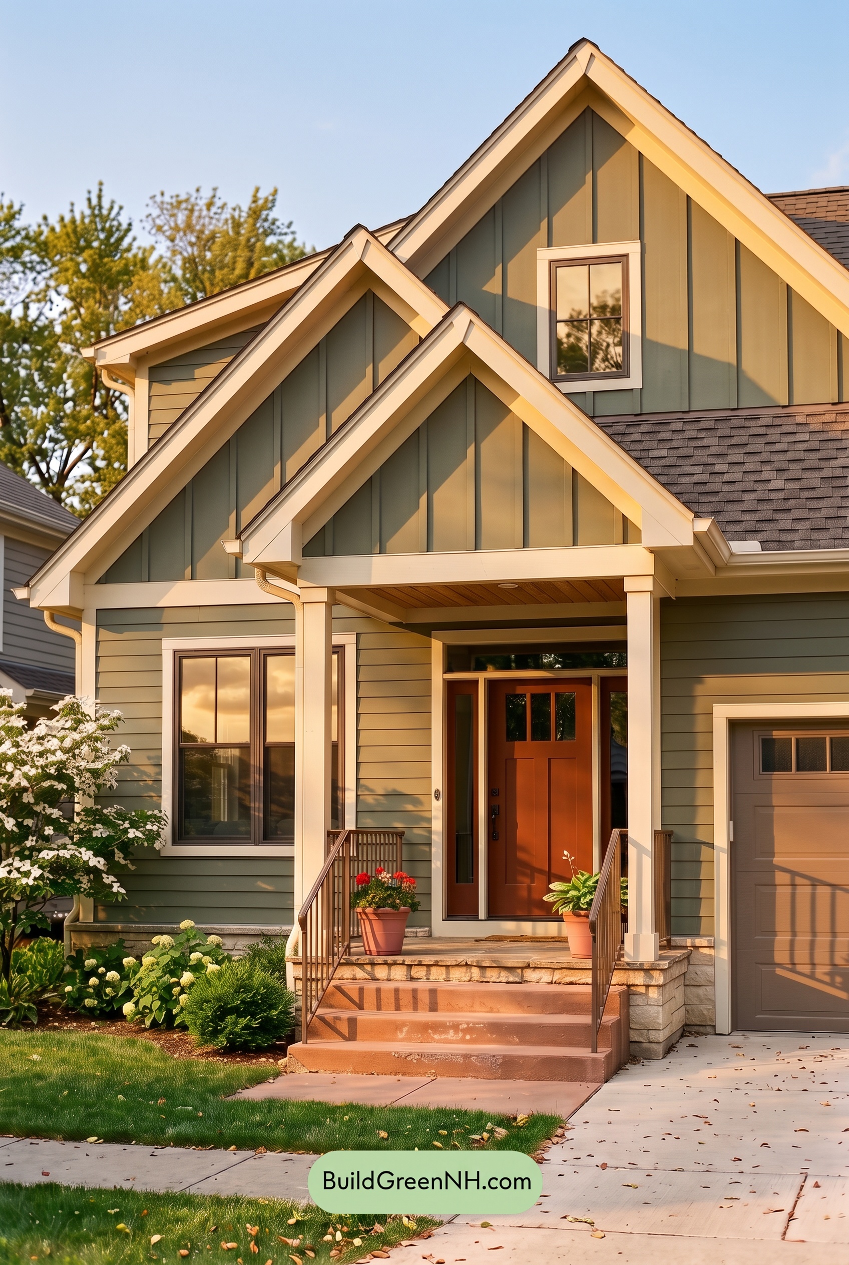 House with Brown Roof Exterior Color Scheme: Moss Linen Welcome - Golden Hour