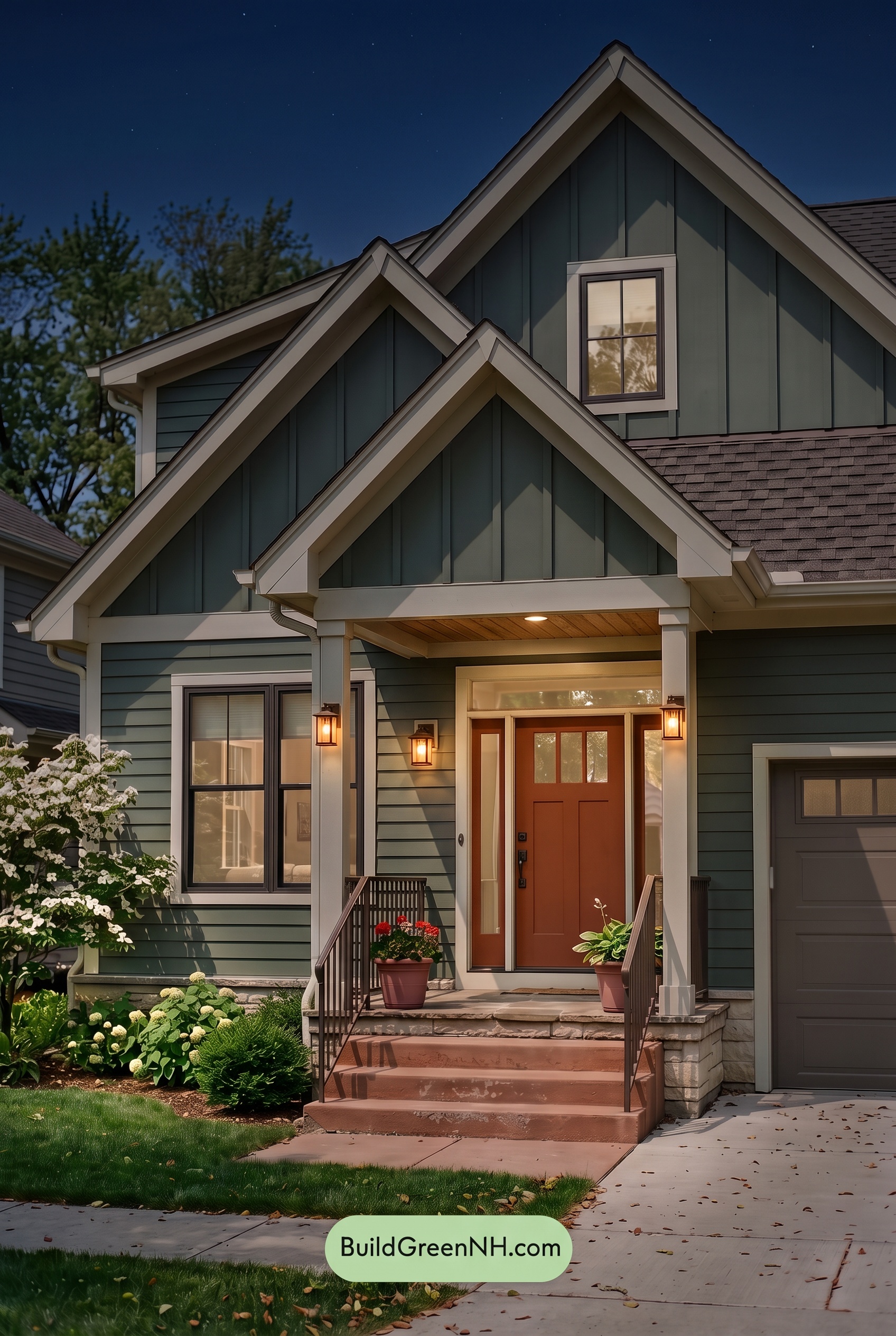 House with Brown Roof Exterior Color Scheme: Moss Linen Welcome - Nighttime