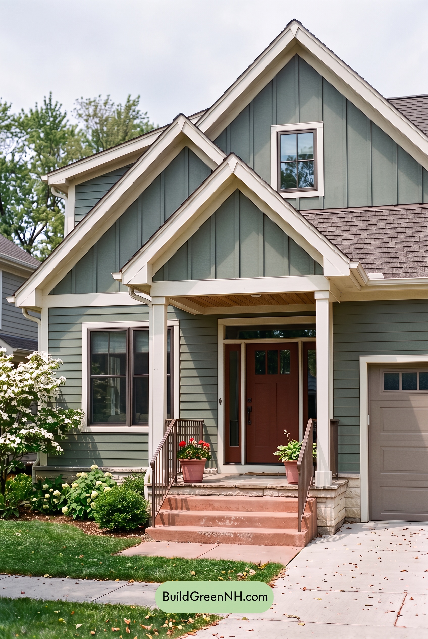 House with Brown Roof Exterior Color Scheme: Moss Linen Welcome - Overcast
