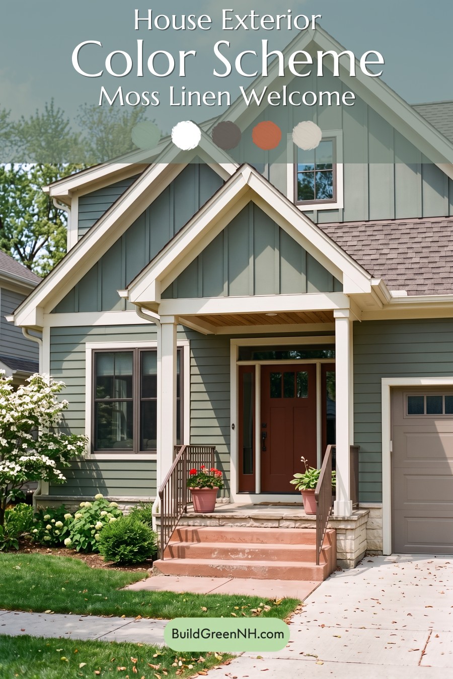 House with Brown Roof Exterior Color Scheme: Moss Linen Welcome