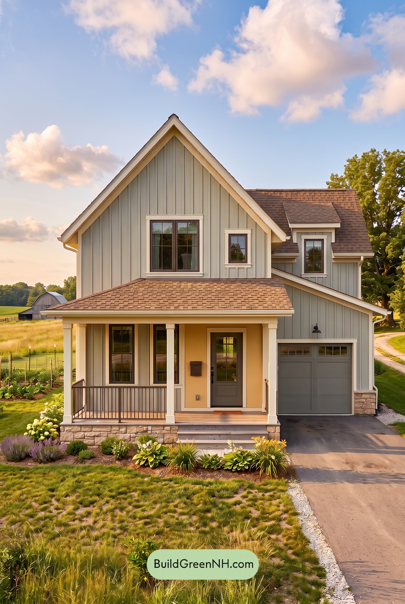 House with Brown Roof Exterior Color Scheme: Ochre Porch Mist - Golden Hour