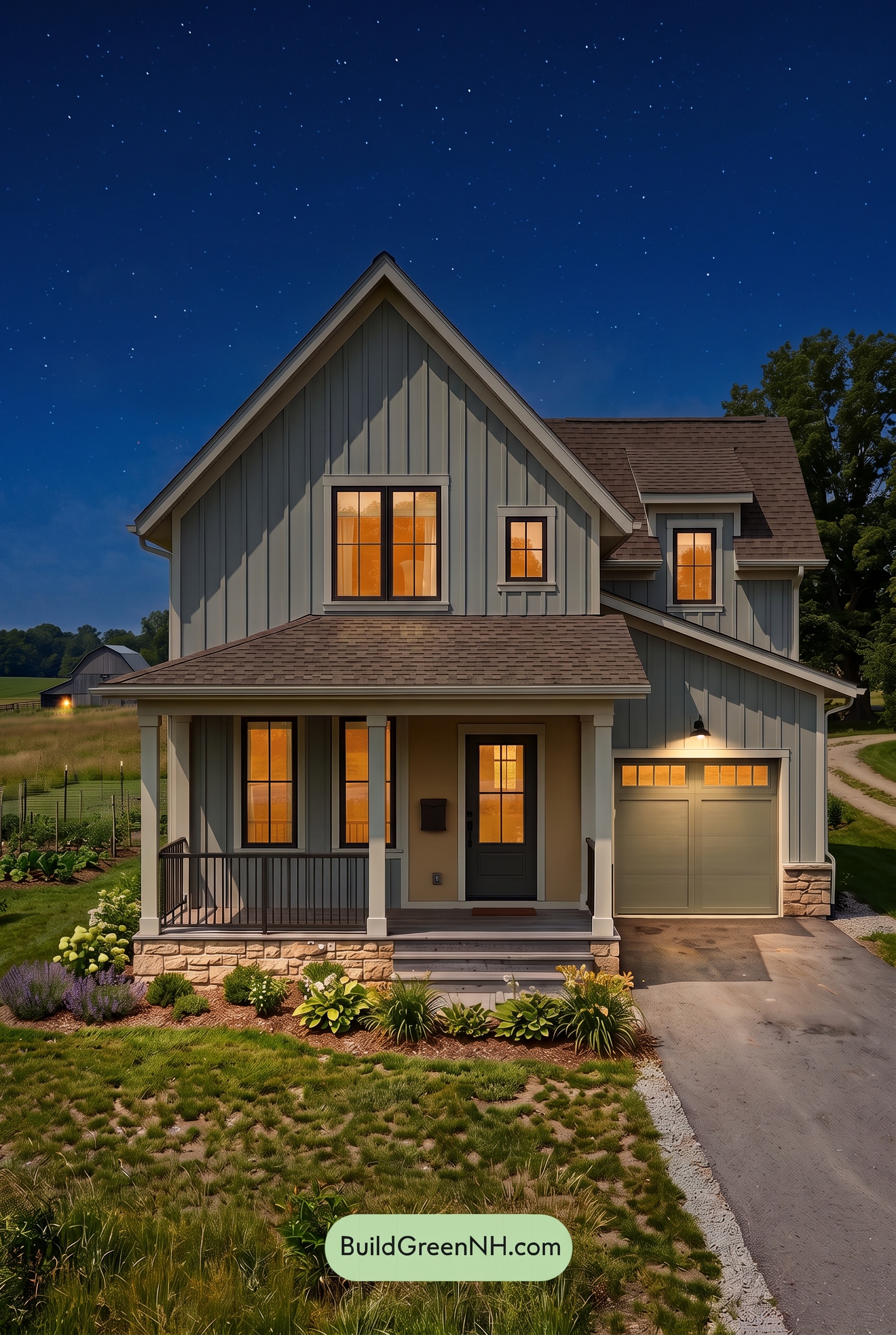 House with Brown Roof Exterior Color Scheme: Ochre Porch Mist - Nighttime
