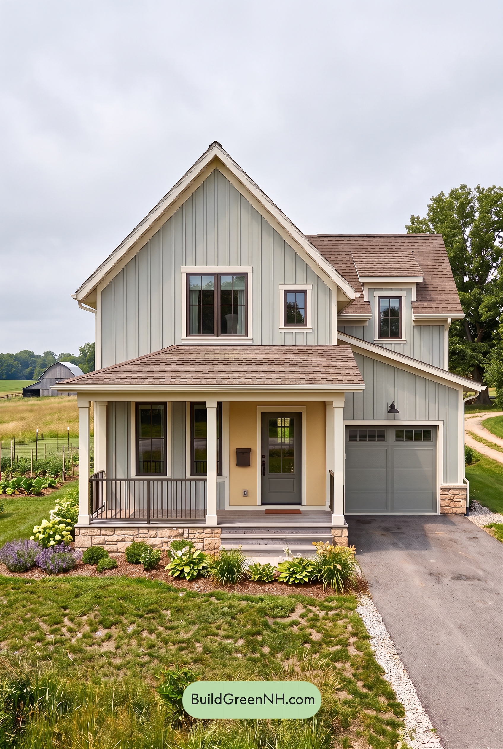 House with Brown Roof Exterior Color Scheme: Ochre Porch Mist - Overcast