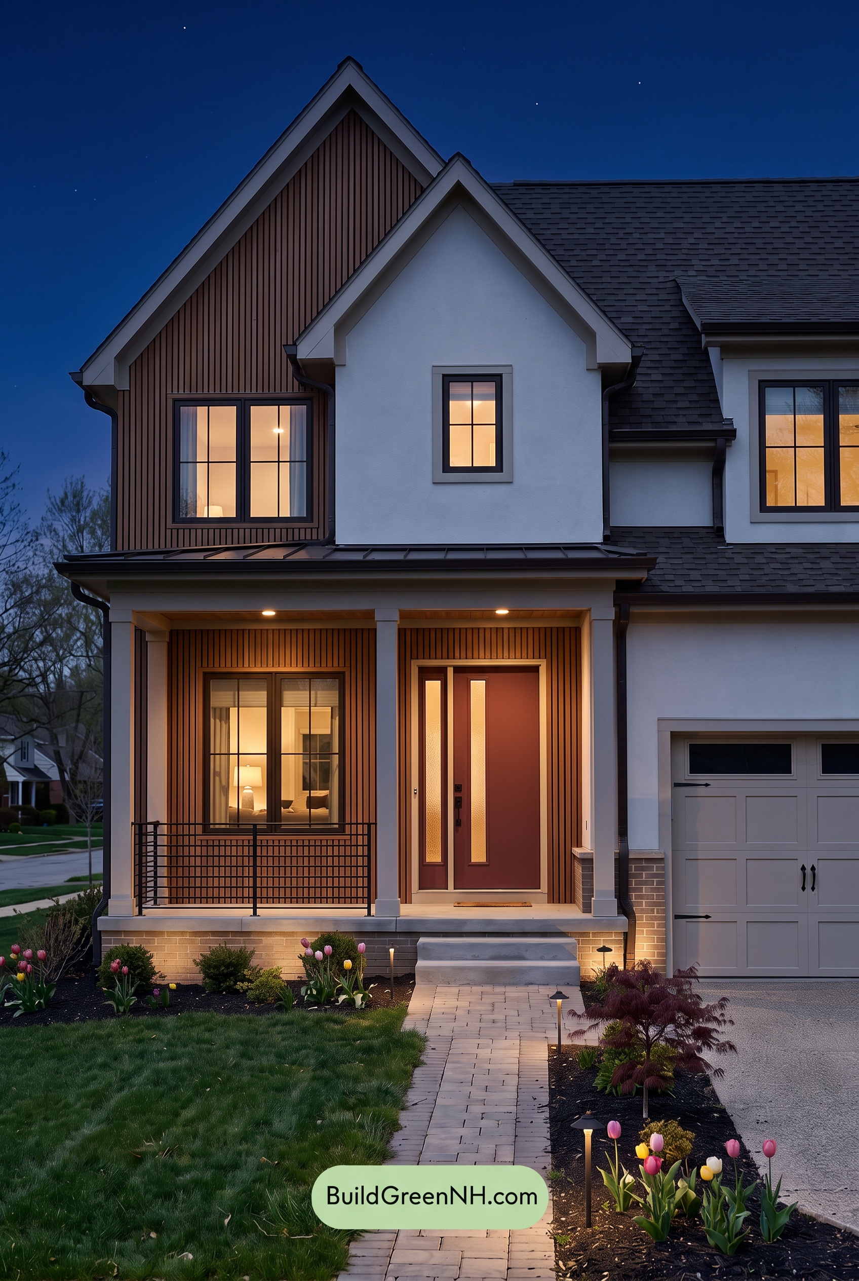 House with Brown Roof Exterior Color Scheme: Pearl Emberline - Nighttime