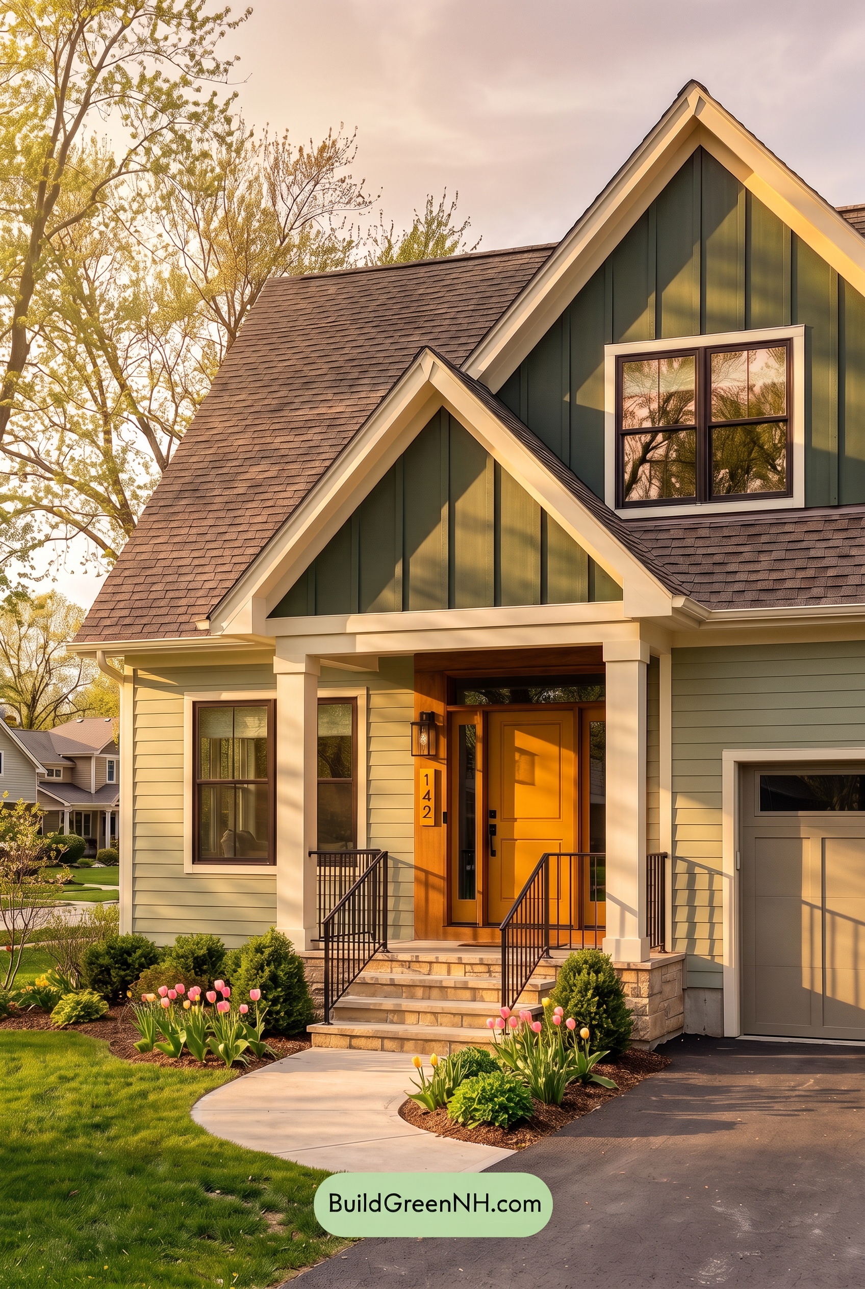 House with Brown Roof Exterior Color Scheme: Pine Saffron Threshold - Golden Hour
