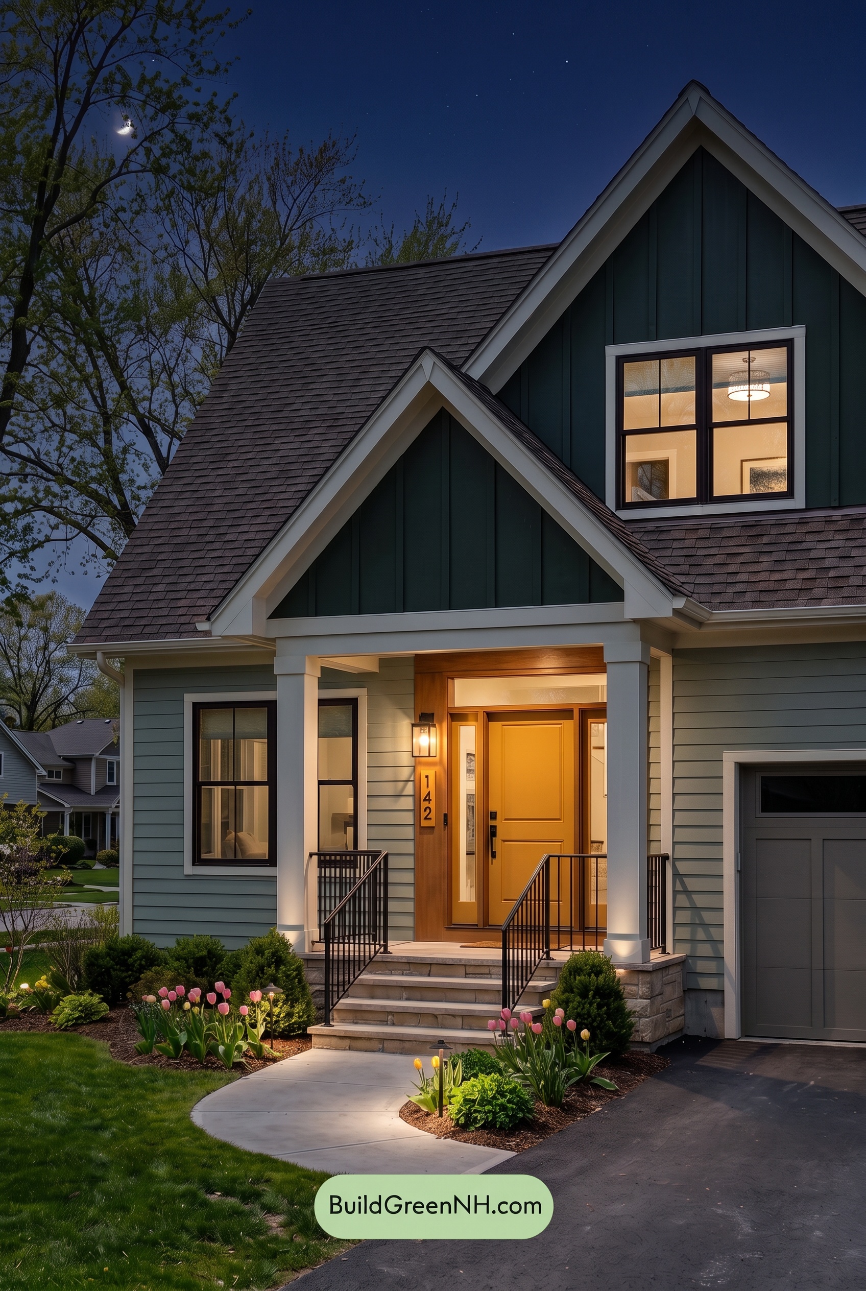 House with Brown Roof Exterior Color Scheme: Pine Saffron Threshold - Nighttime