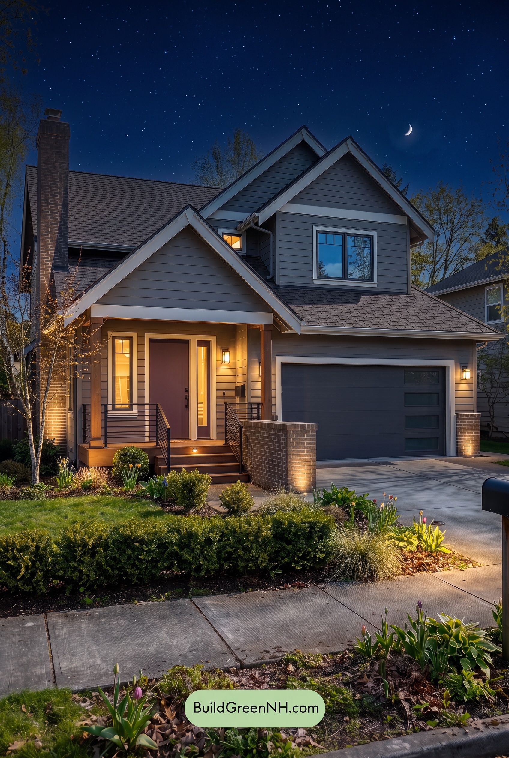 House with Brown Roof Exterior Color Scheme: Plum Iron Hearth - Nighttime
