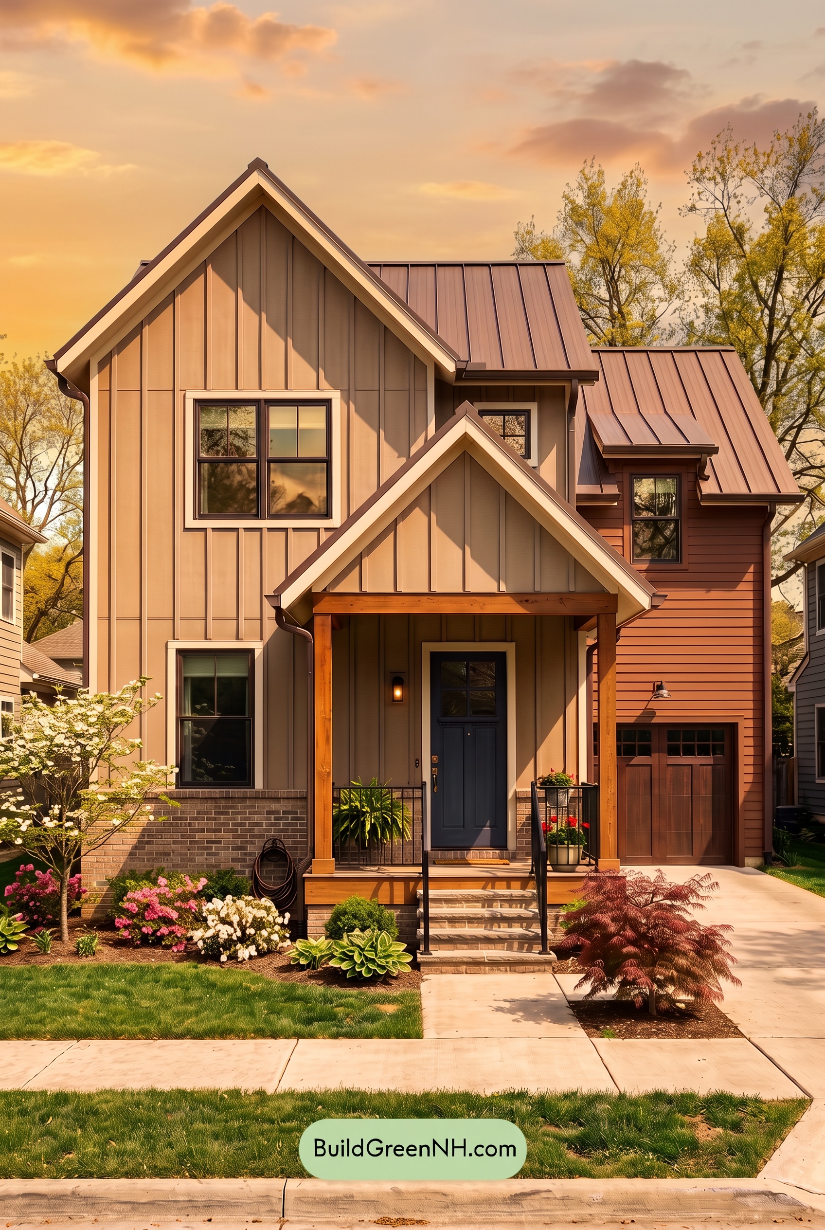 House with Brown Roof Exterior Color Scheme: Russet Porch Poise - Golden Hour
