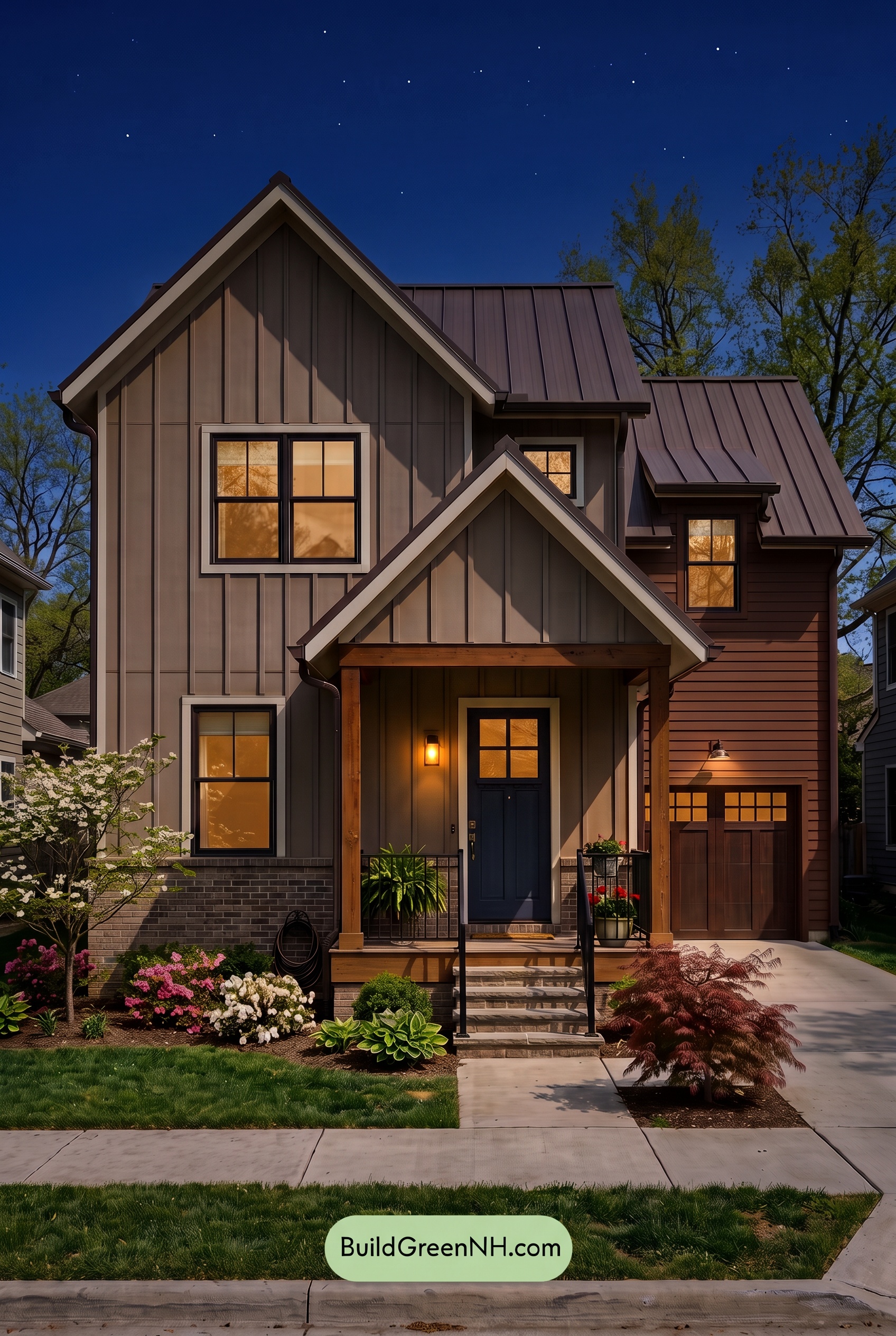 House with Brown Roof Exterior Color Scheme: Russet Porch Poise - Nighttime