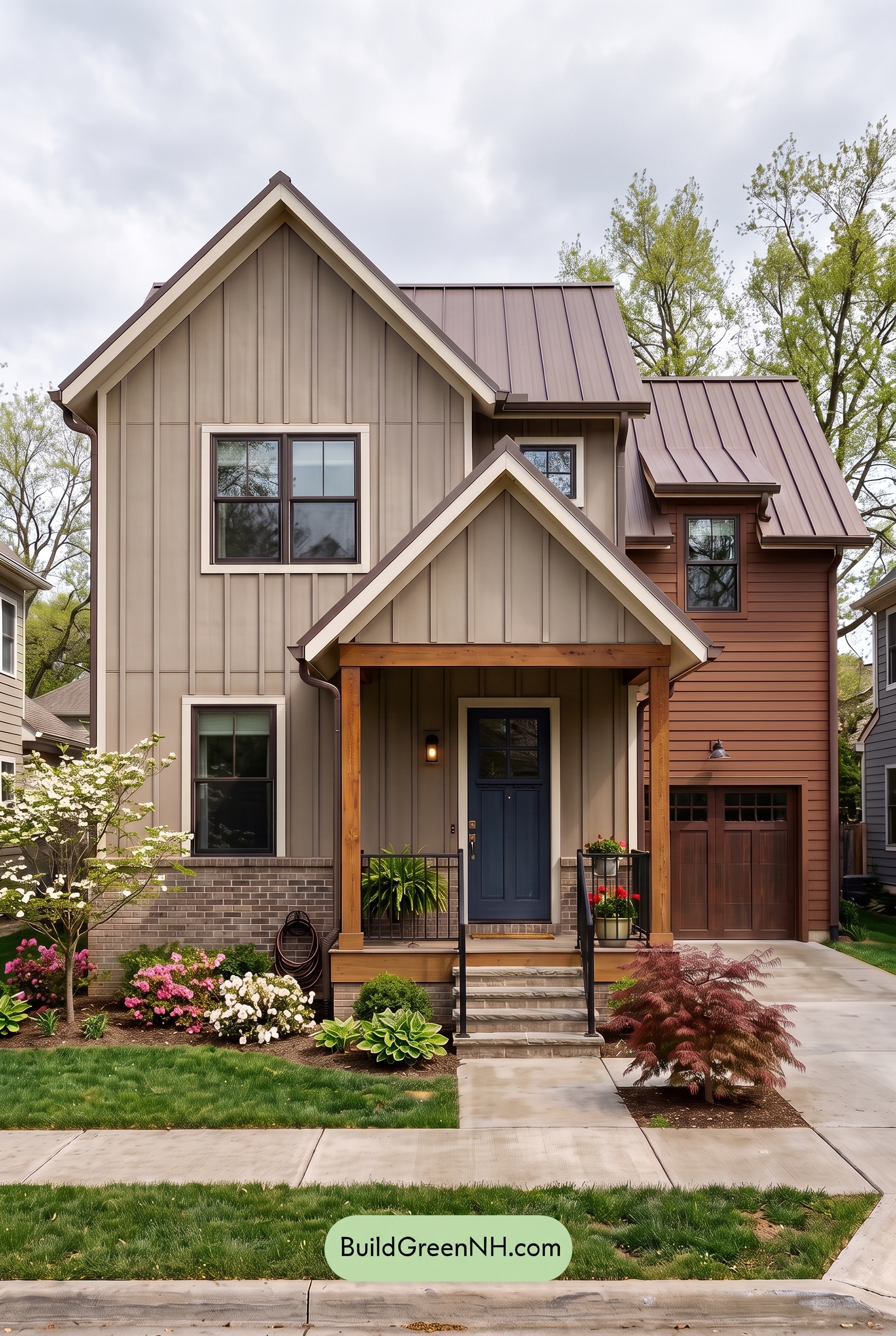 House with Brown Roof Exterior Color Scheme: Russet Porch Poise - Overcast