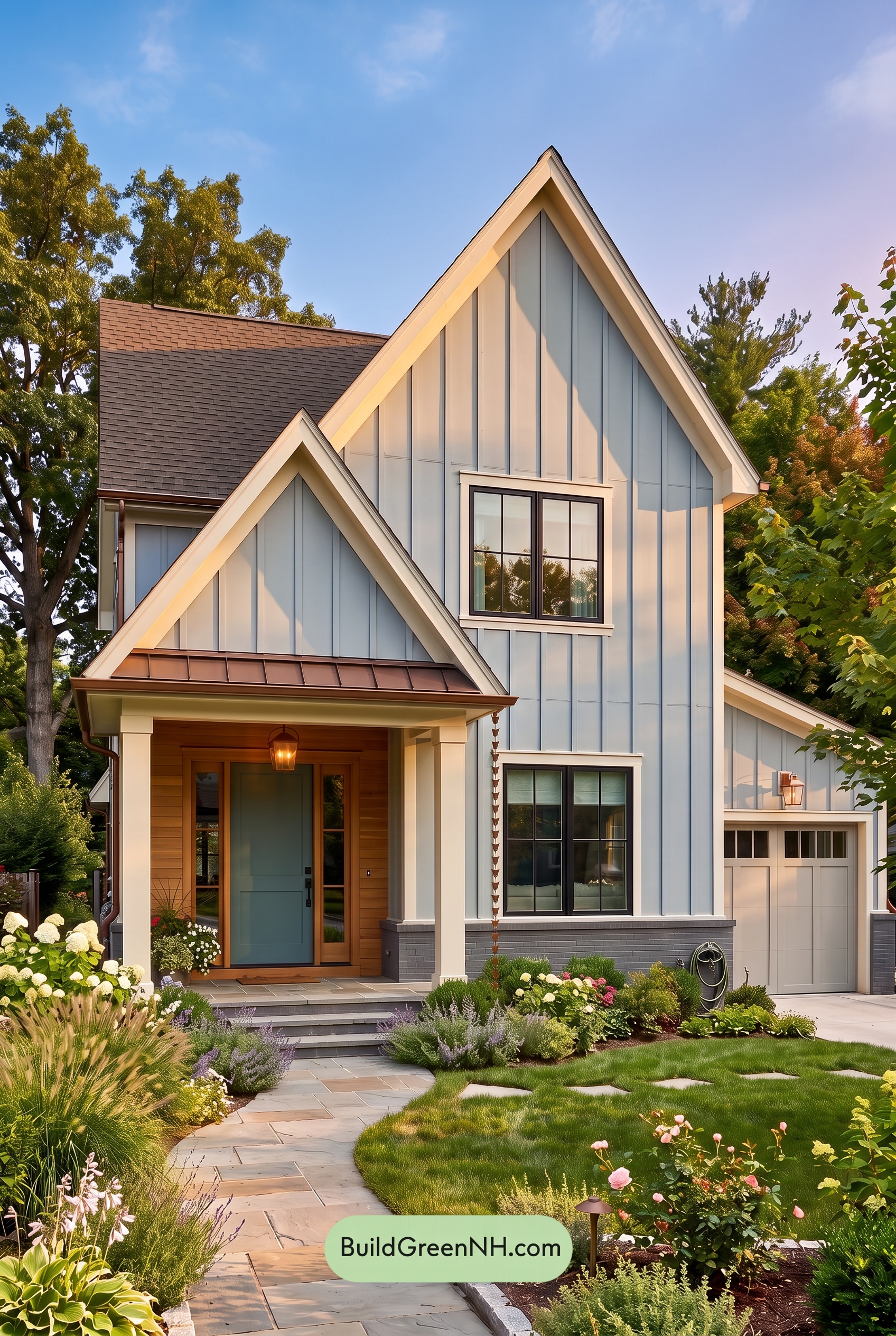 House with Brown Roof Exterior Color Scheme: Sage Copper Gables - Golden Hour
