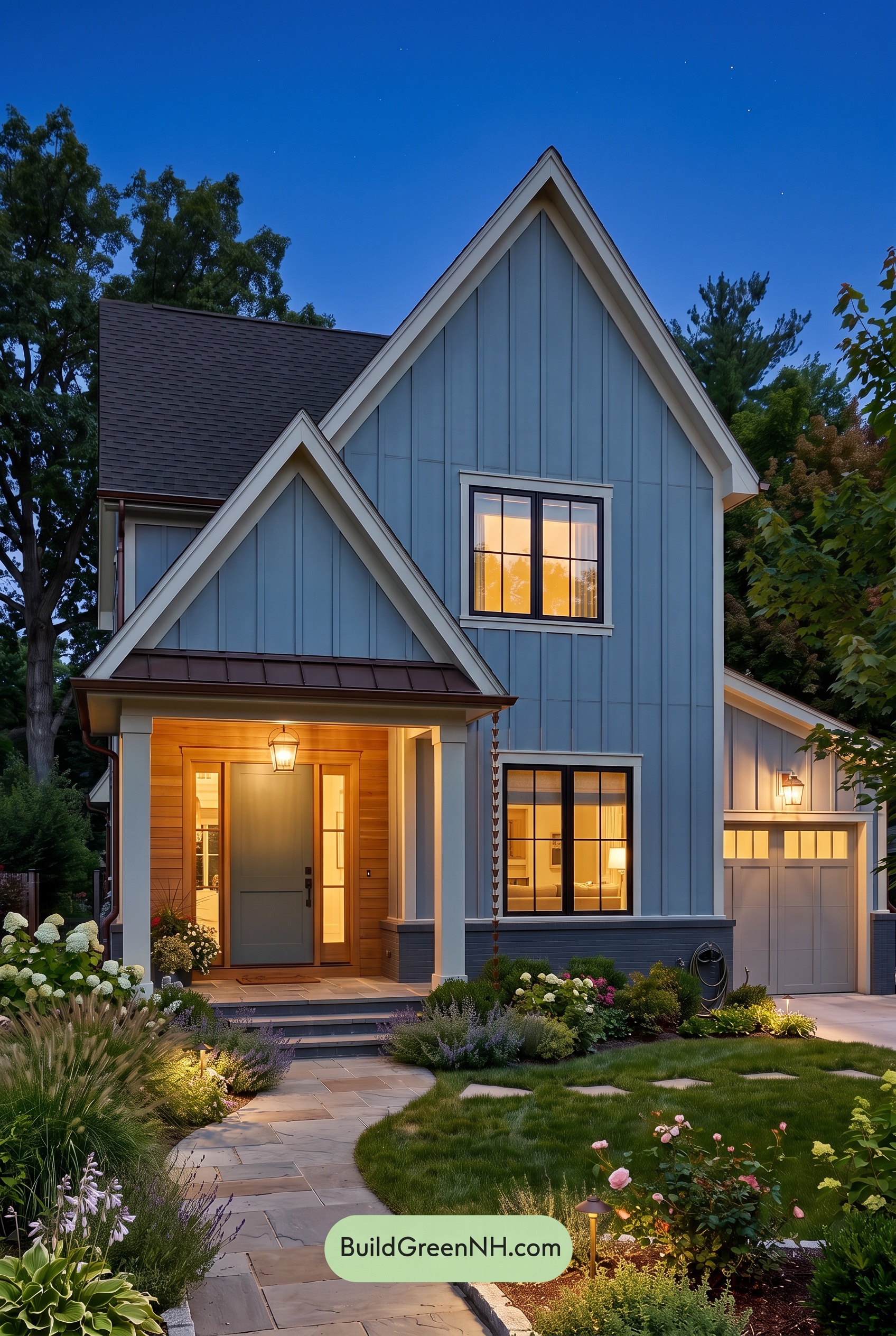 House with Brown Roof Exterior Color Scheme: Sage Copper Gables - Nighttime