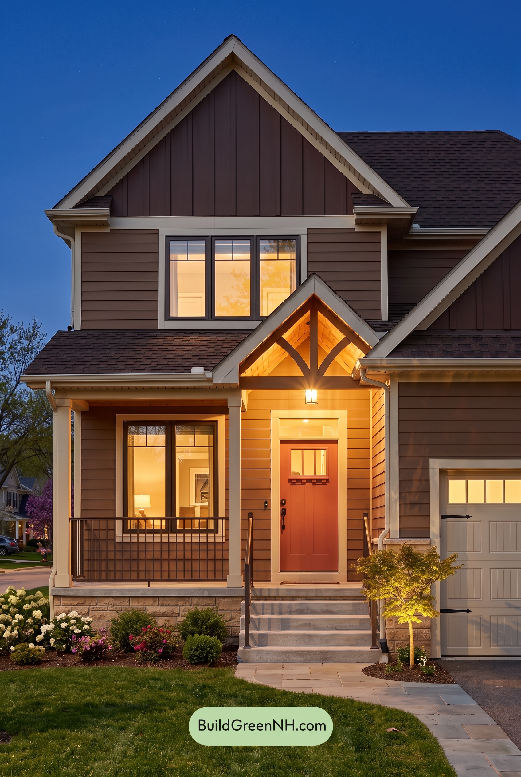 House with Brown Roof Exterior Color Scheme: Sienna Gate Glow - Nighttime