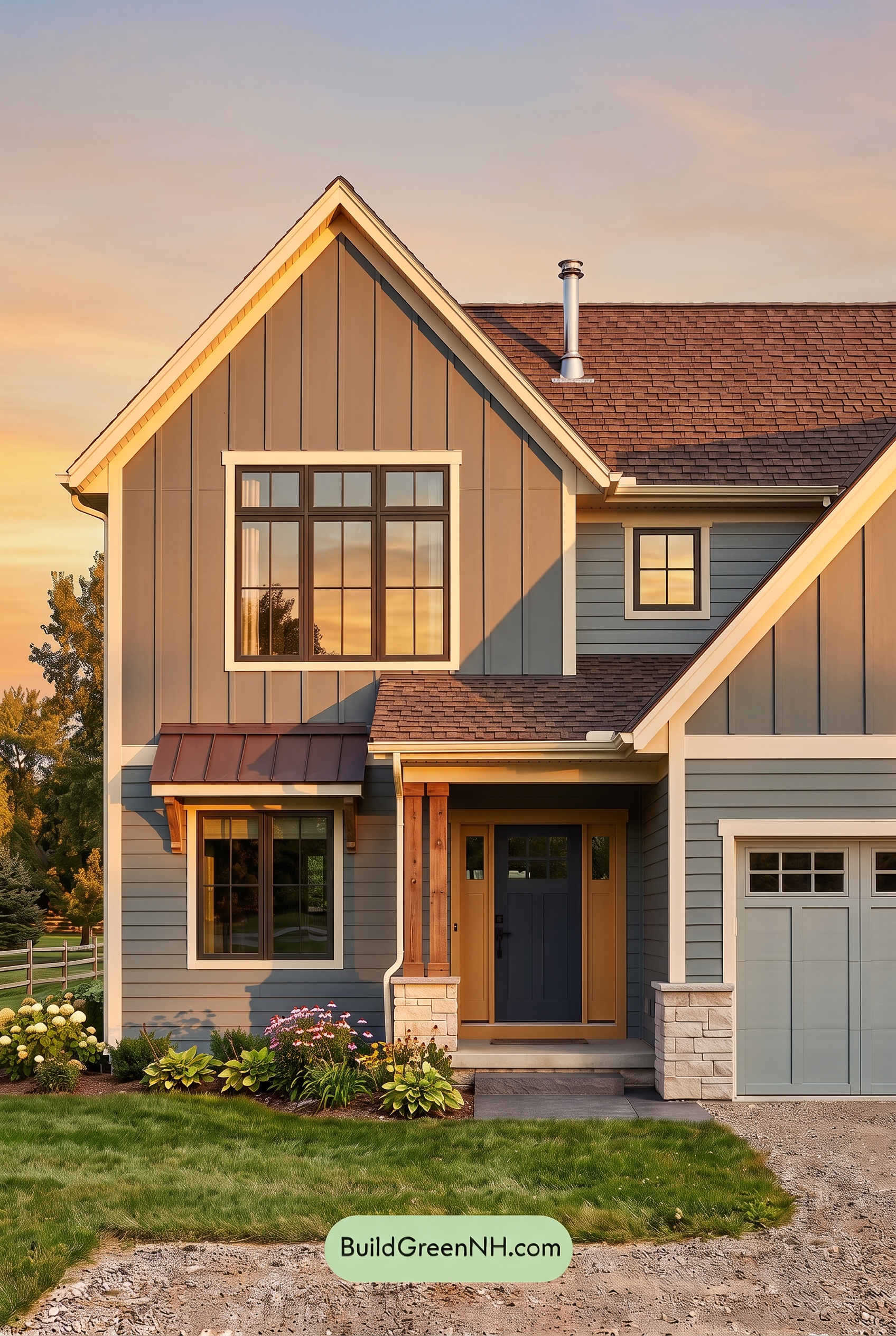 House with Brown Roof Exterior Color Scheme: Slate Amber Haven - Golden Hour