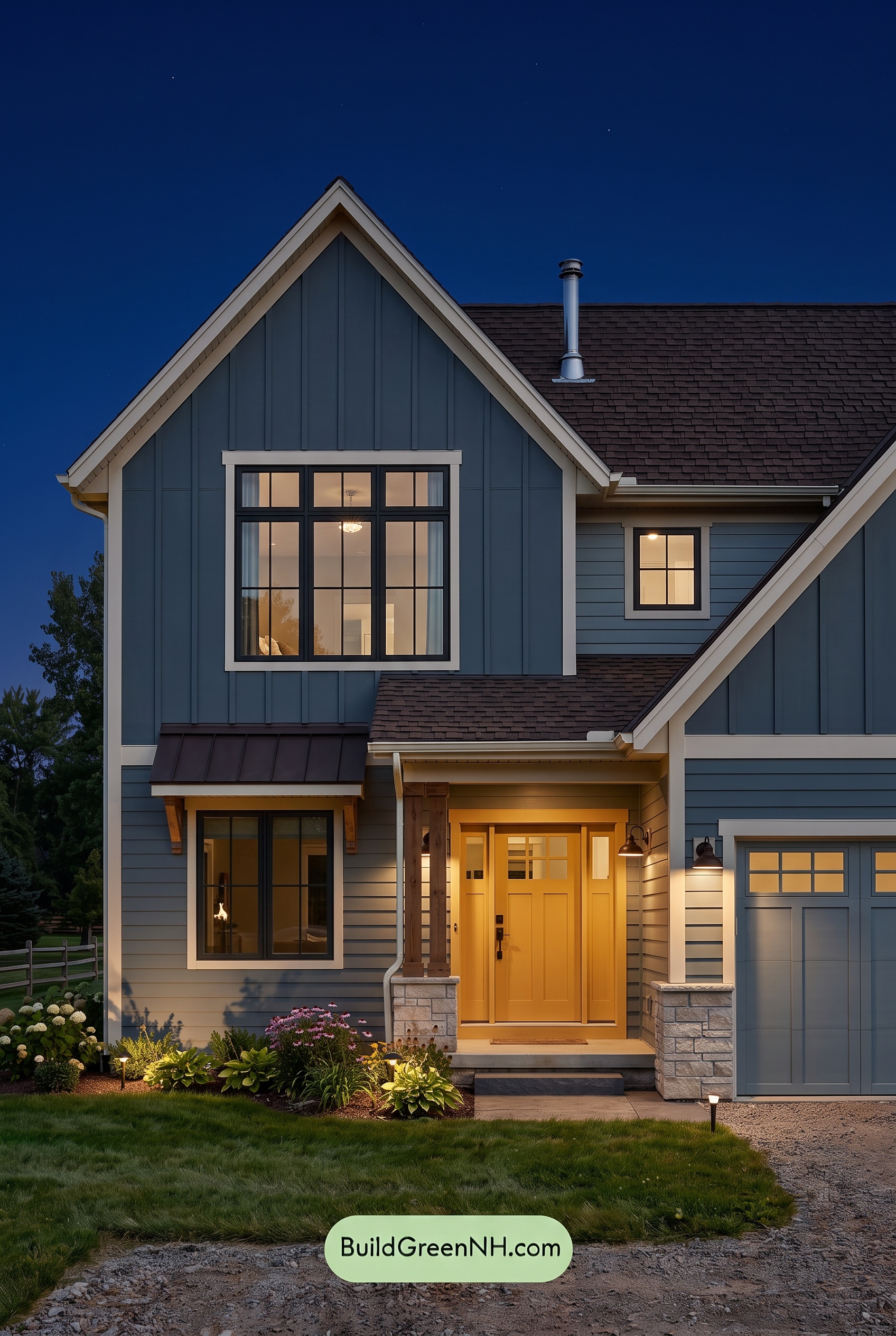 House with Brown Roof Exterior Color Scheme: Slate Amber Haven - Nighttime
