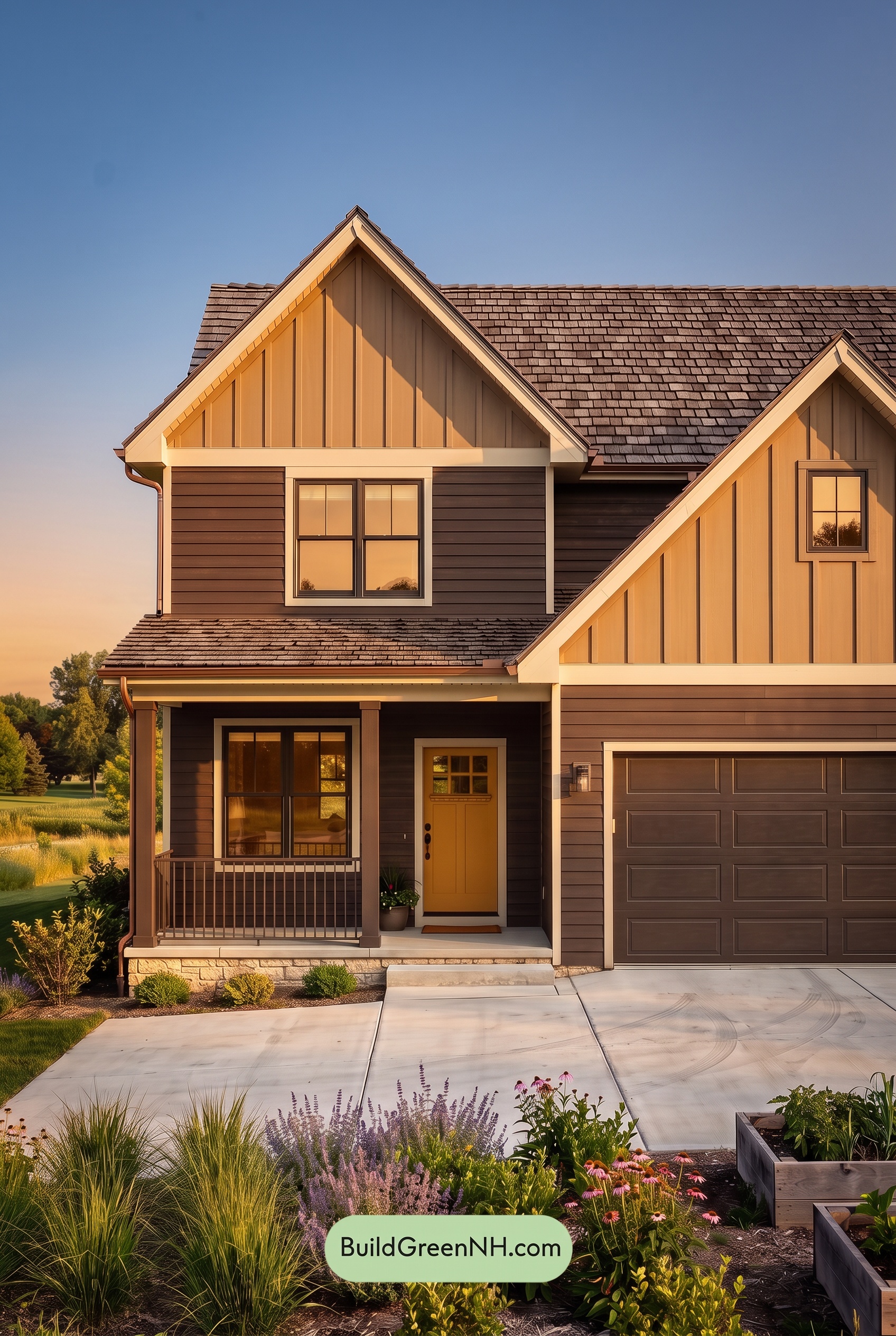 House with Brown Roof Exterior Color Scheme: Walnut Bloom Entry - Golden Hour