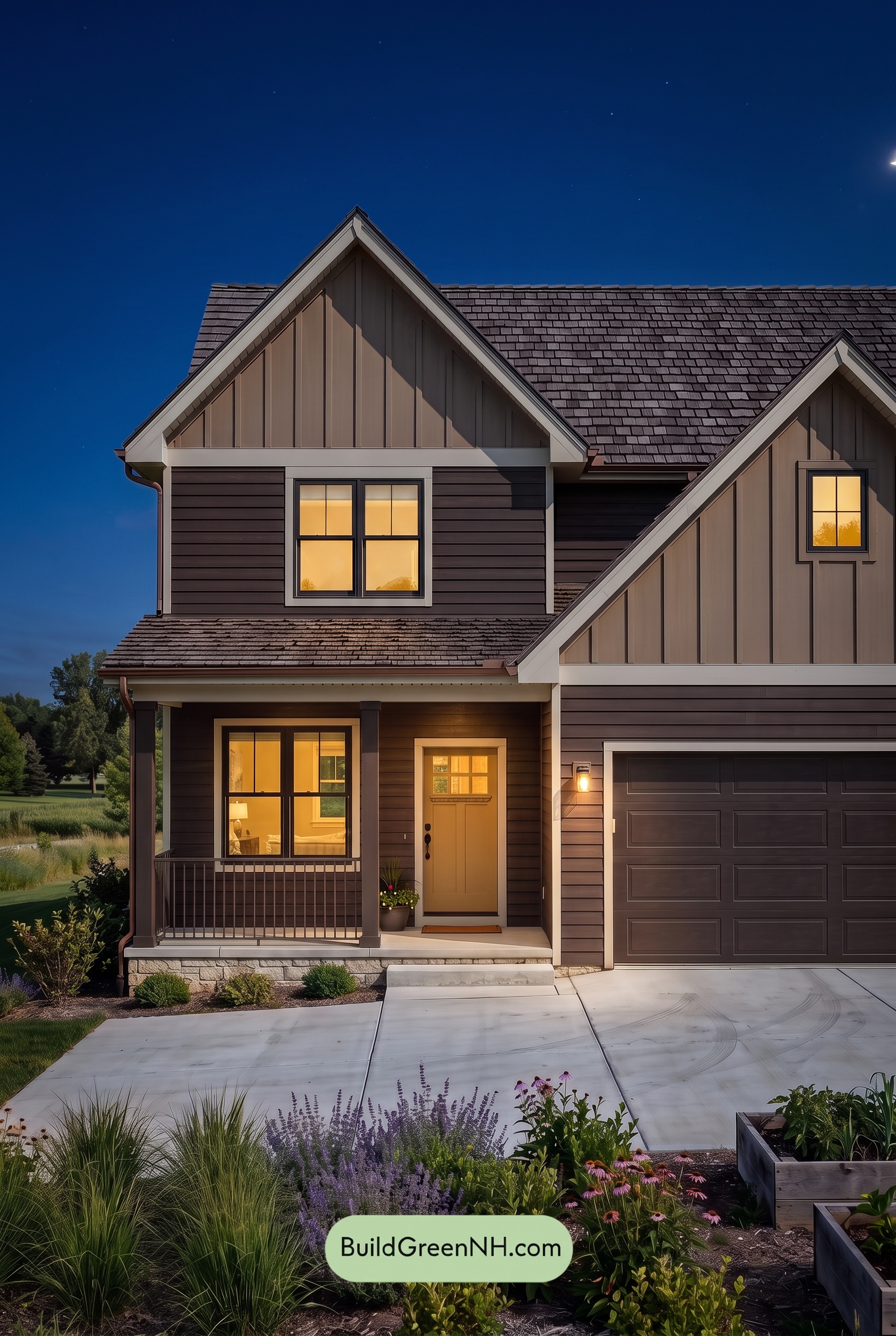 House with Brown Roof Exterior Color Scheme: Walnut Bloom Entry - Nighttime