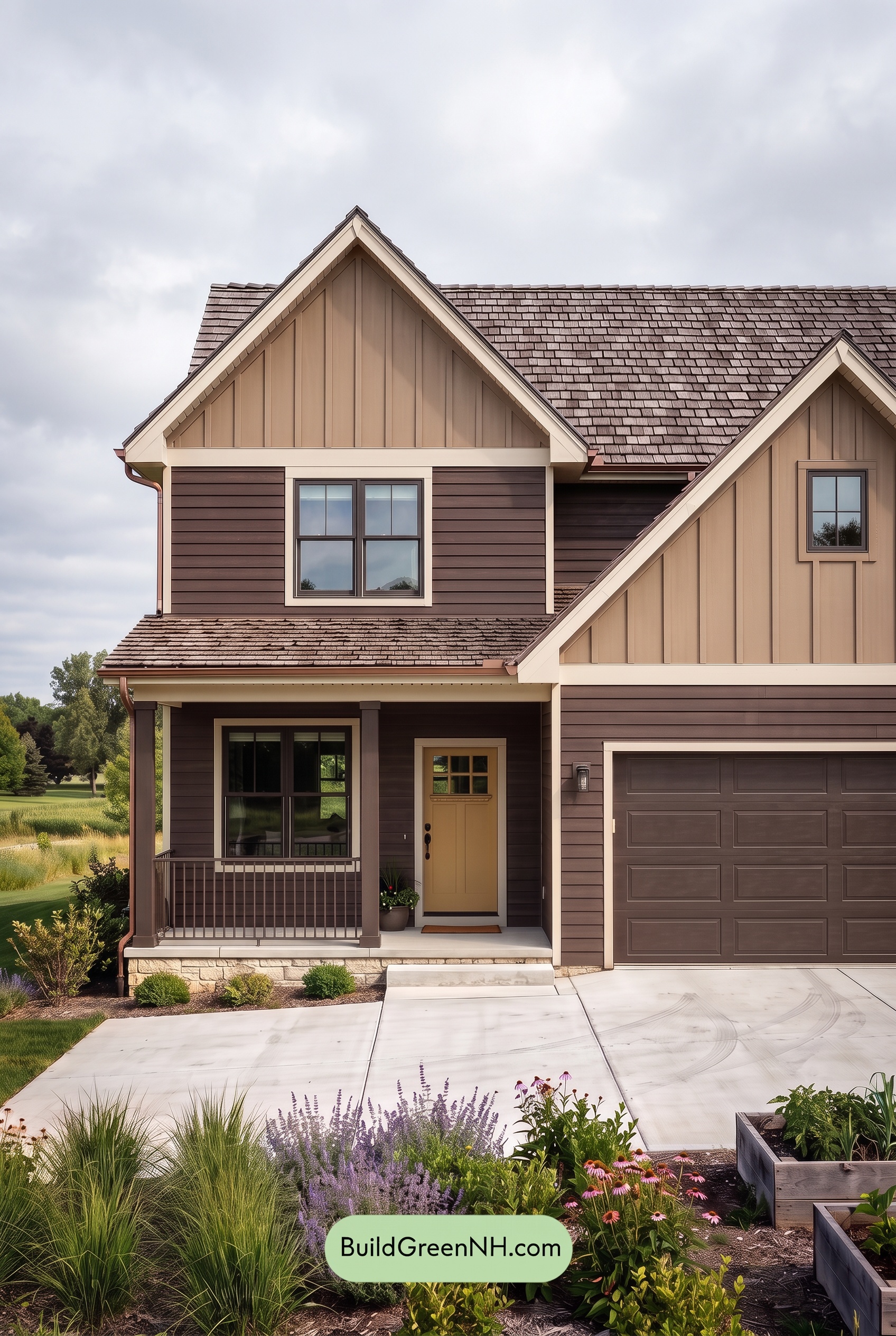 House with Brown Roof Exterior Color Scheme: Walnut Bloom Entry - Overcast