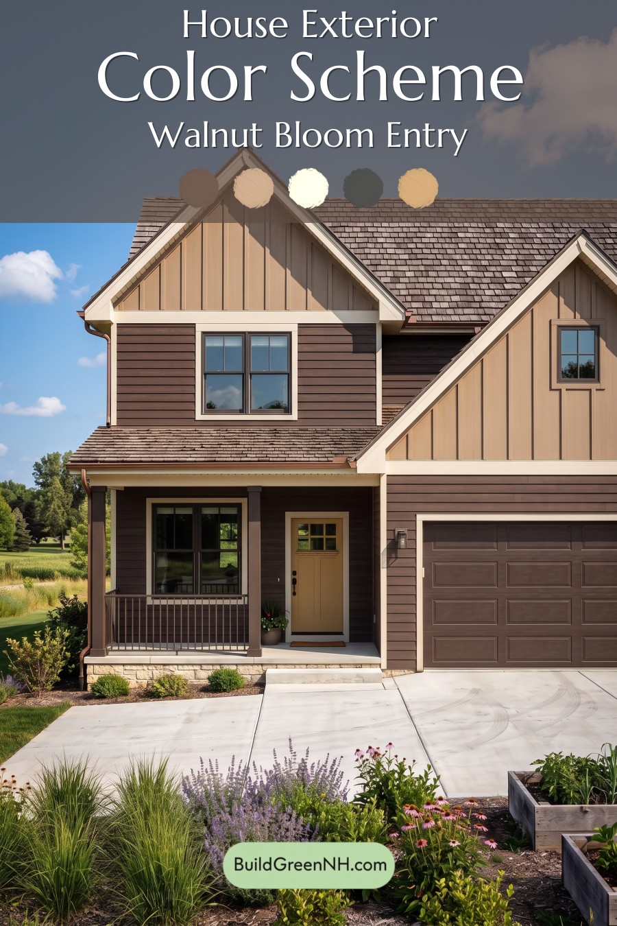 House with Brown Roof Exterior Color Scheme: Walnut Bloom Entry