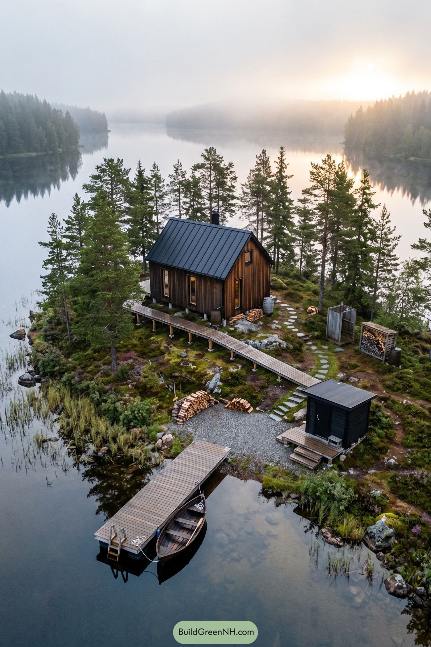Timber cottage with a dark gabled roof and raised boardwalk beside a lakeside dock