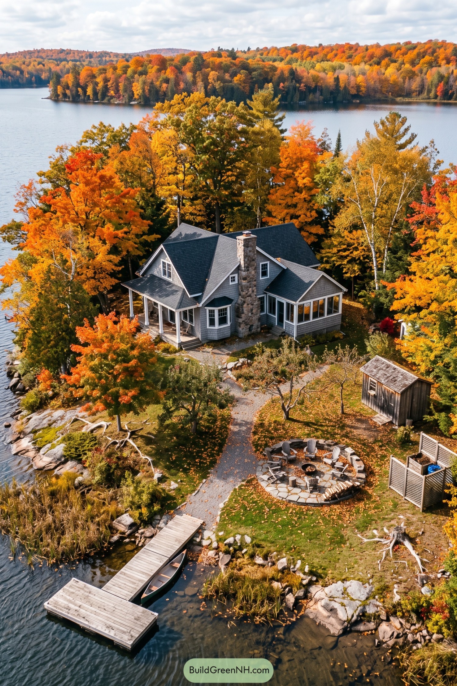 Gray shingled island cottage with a stone chimney, enclosed porch, circular fire pit patio, and wooden dock