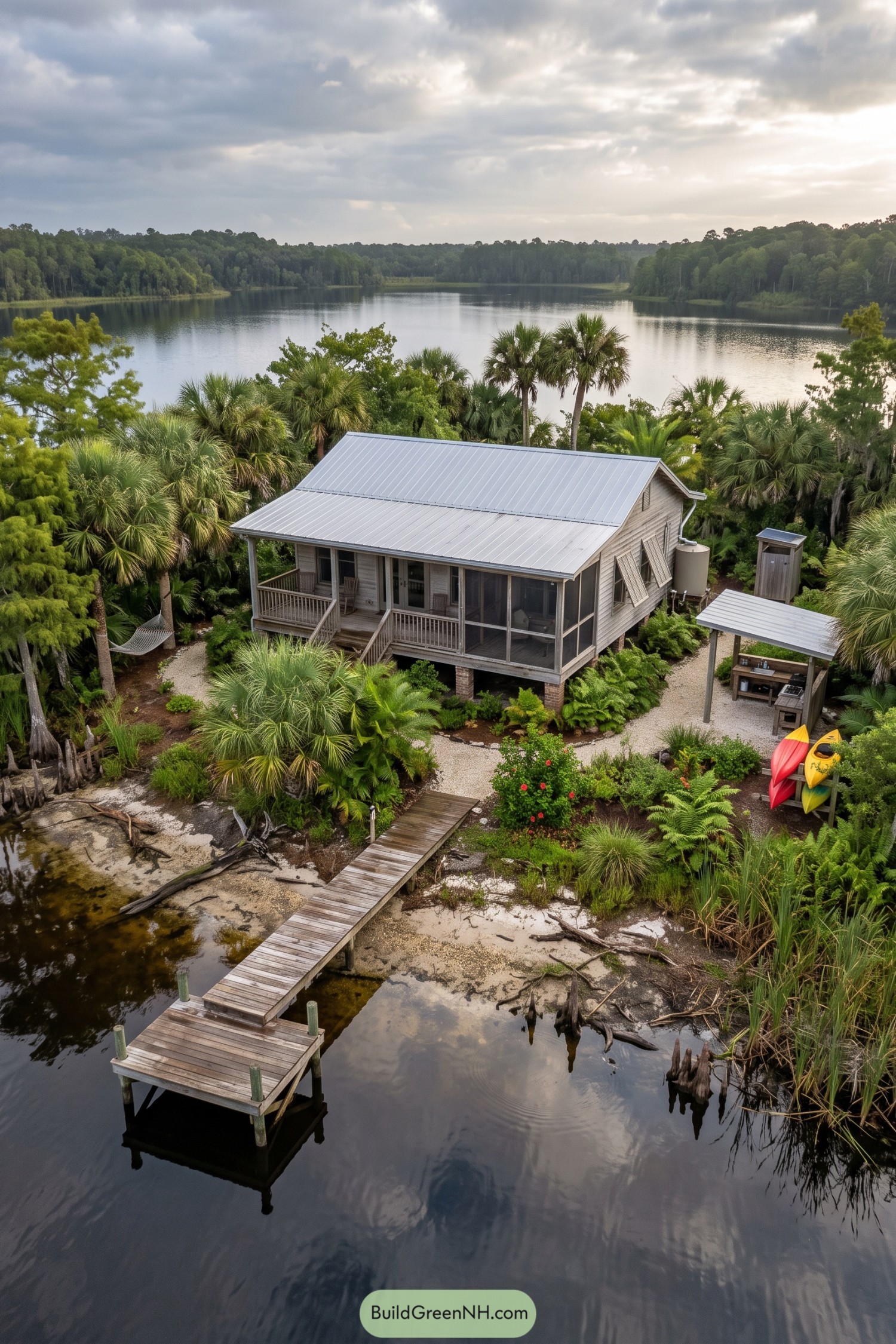 Raised wooden cottage with a metal roof, screened porch, outdoor kitchen, and dock surrounded by palms