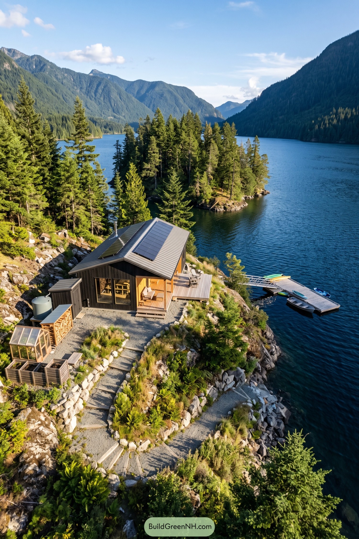 Dark timber cottage with rooftop solar panels, a sheltered porch, terraced vegetable beds, and a lakeside dock