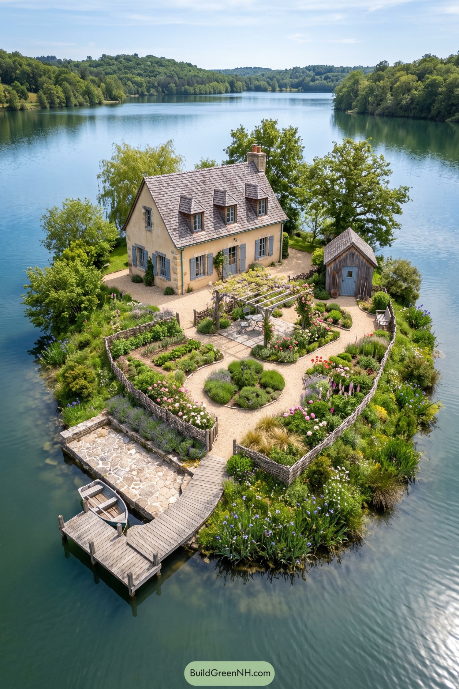 Cream island cottage with three dormers overlooking a fenced flower garden pergola and curved wooden dock