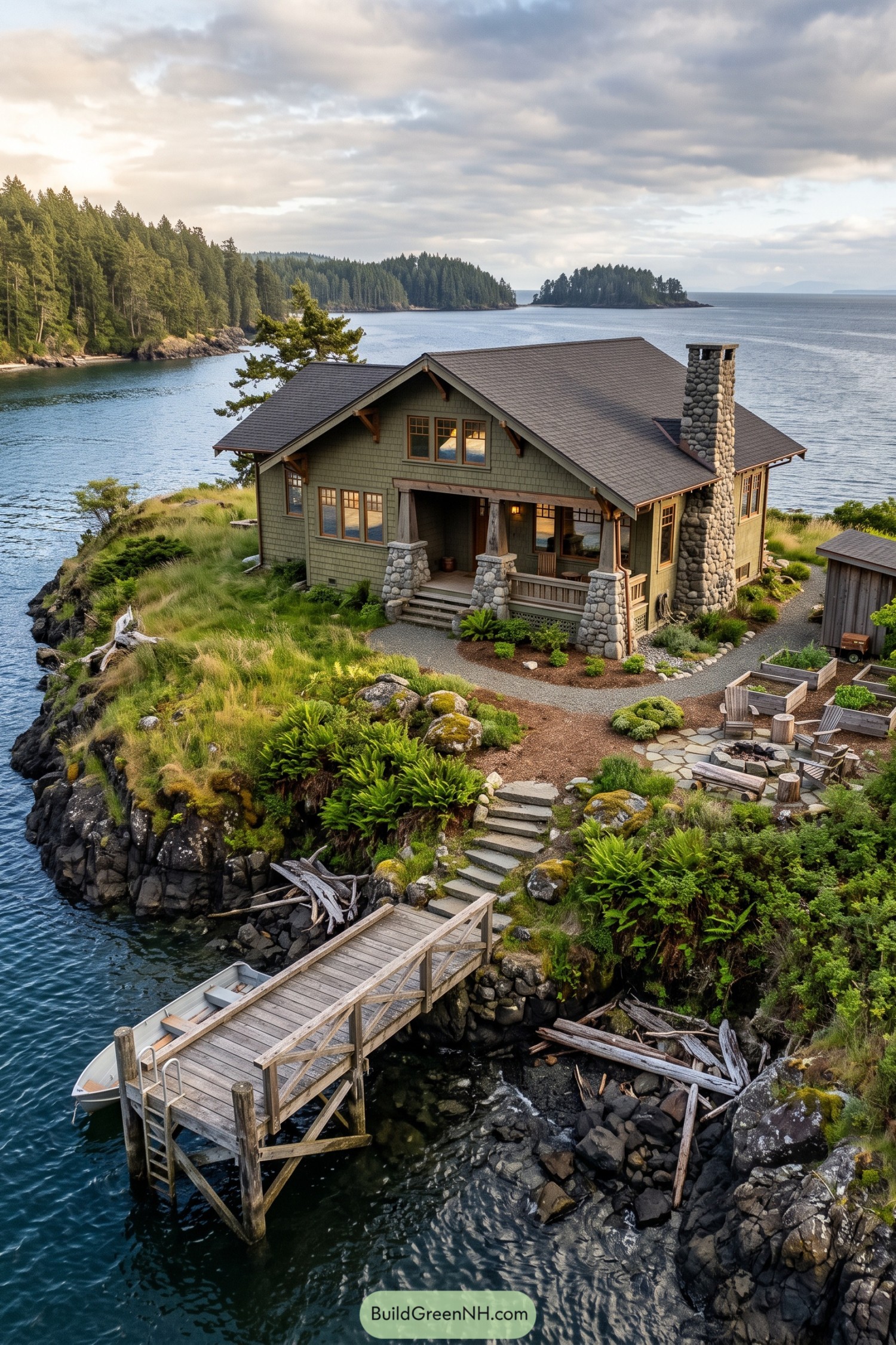 Olive shingle cottage with stone porch columns and a tall chimney above a rocky shoreline and wooden dock