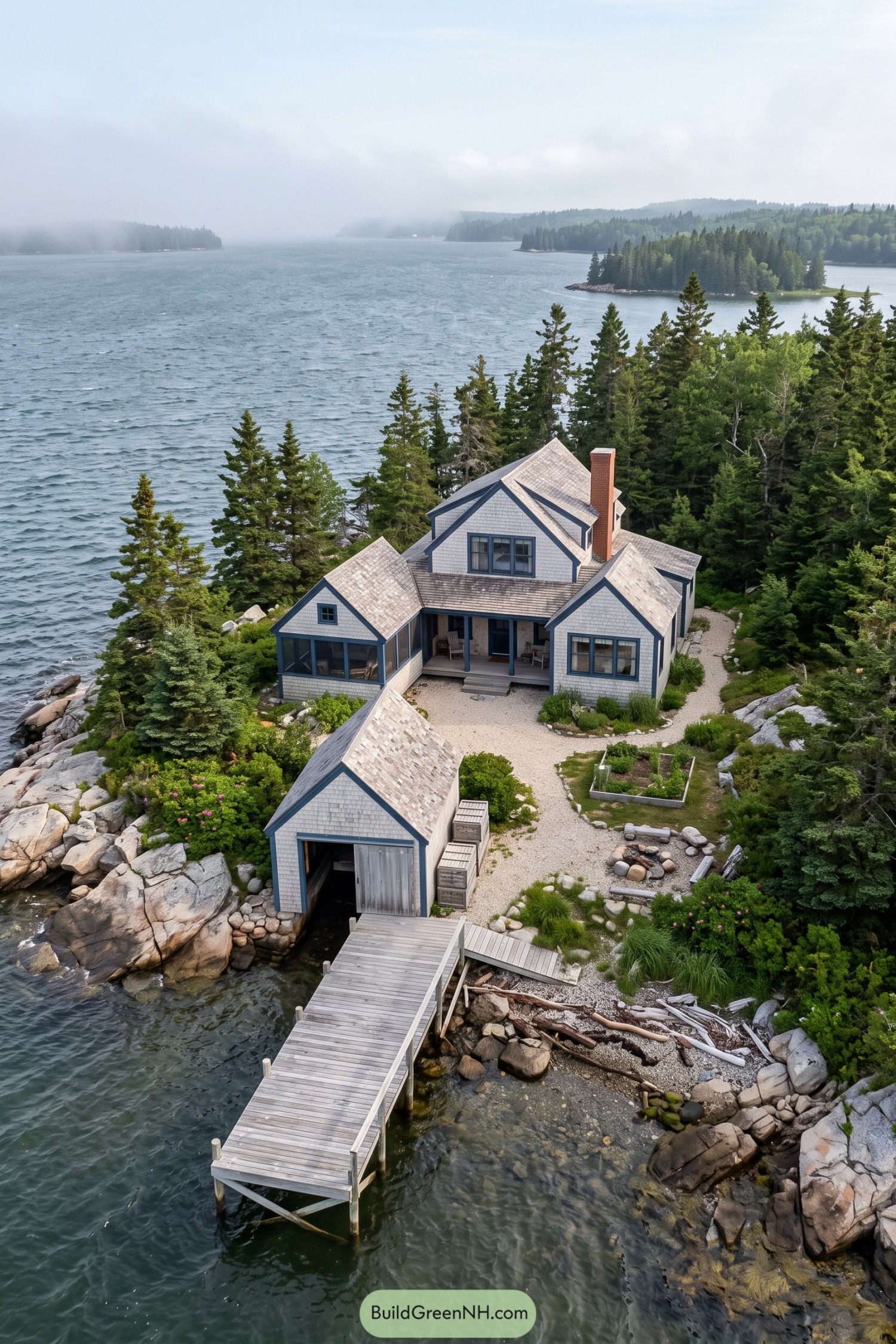 Gray shingled island cottage with blue trim, a screened porch, and a matching boathouse beside a wooden dock