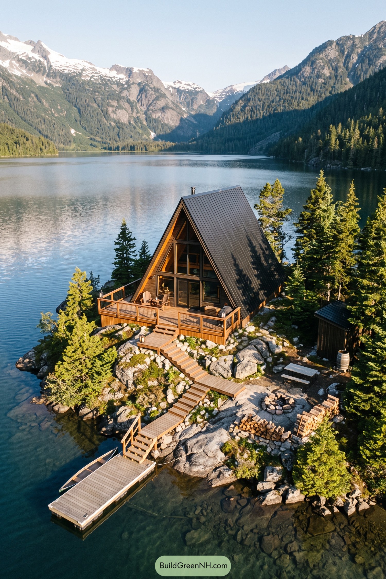 Timber A-frame cottage with a dark metal roof and stepped decking leading to a dock on a rocky island