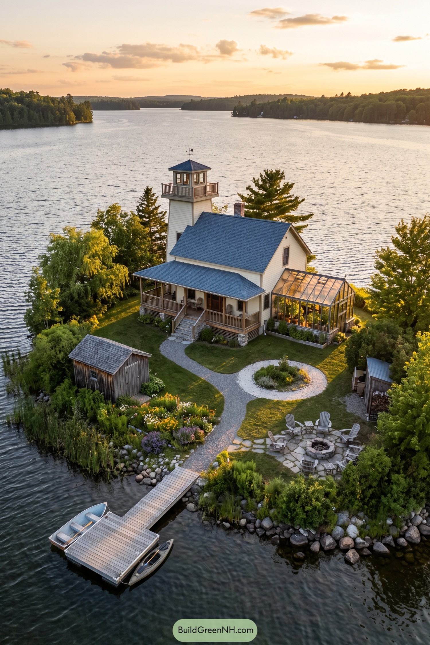 Cream island cottage with a lookout tower, attached greenhouse, covered porch, and winding paths to a dock
