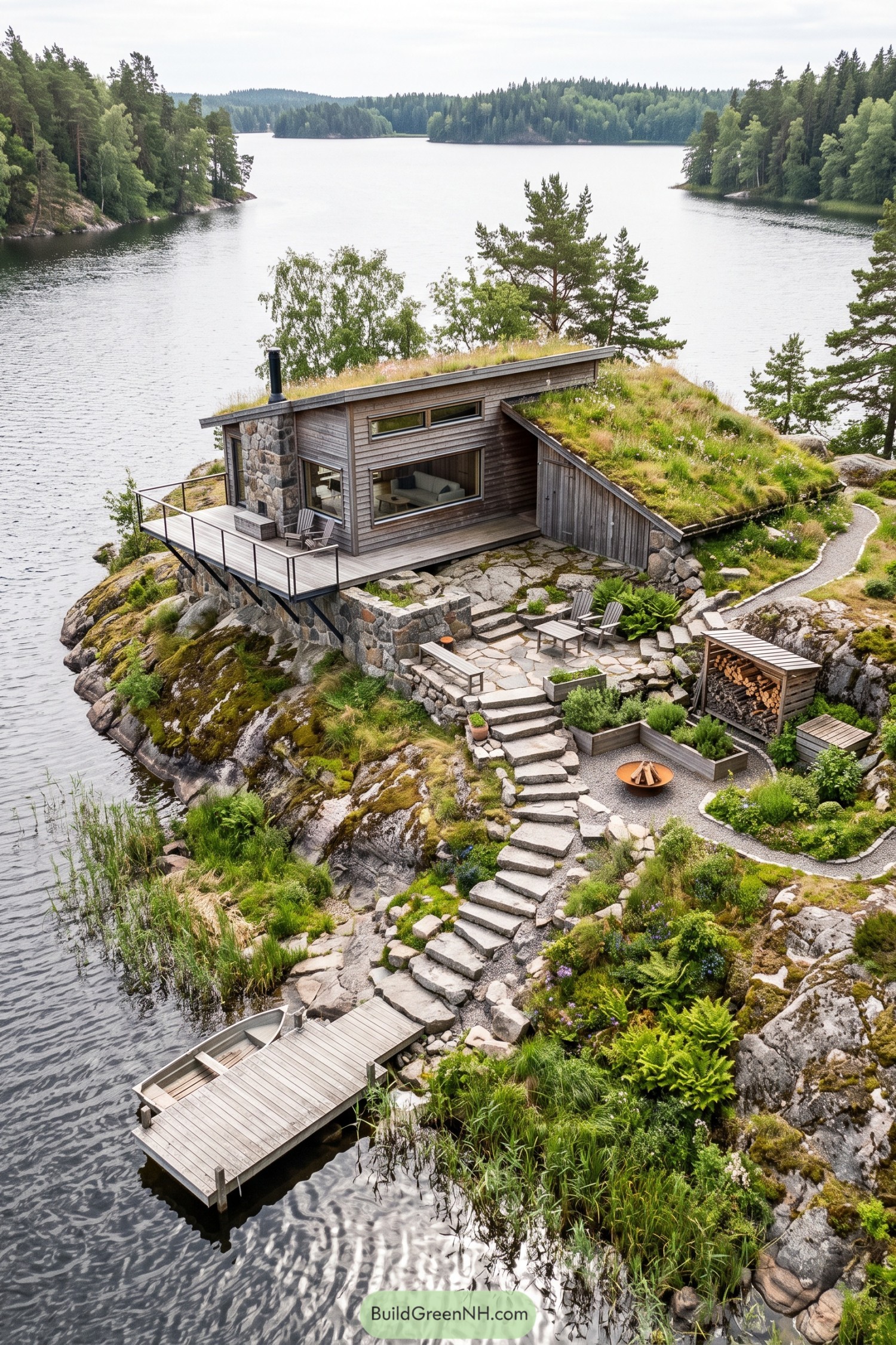 Timber island cottage with planted sloping roofs, a stone chimney, terraced gardens, and steps leading to a small dock