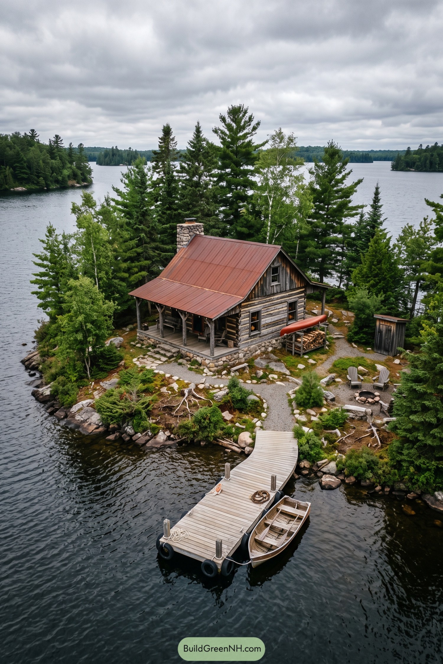 Rustic log cottage with a red metal roof, stone chimney, covered porch, and curved dock on a wooded island