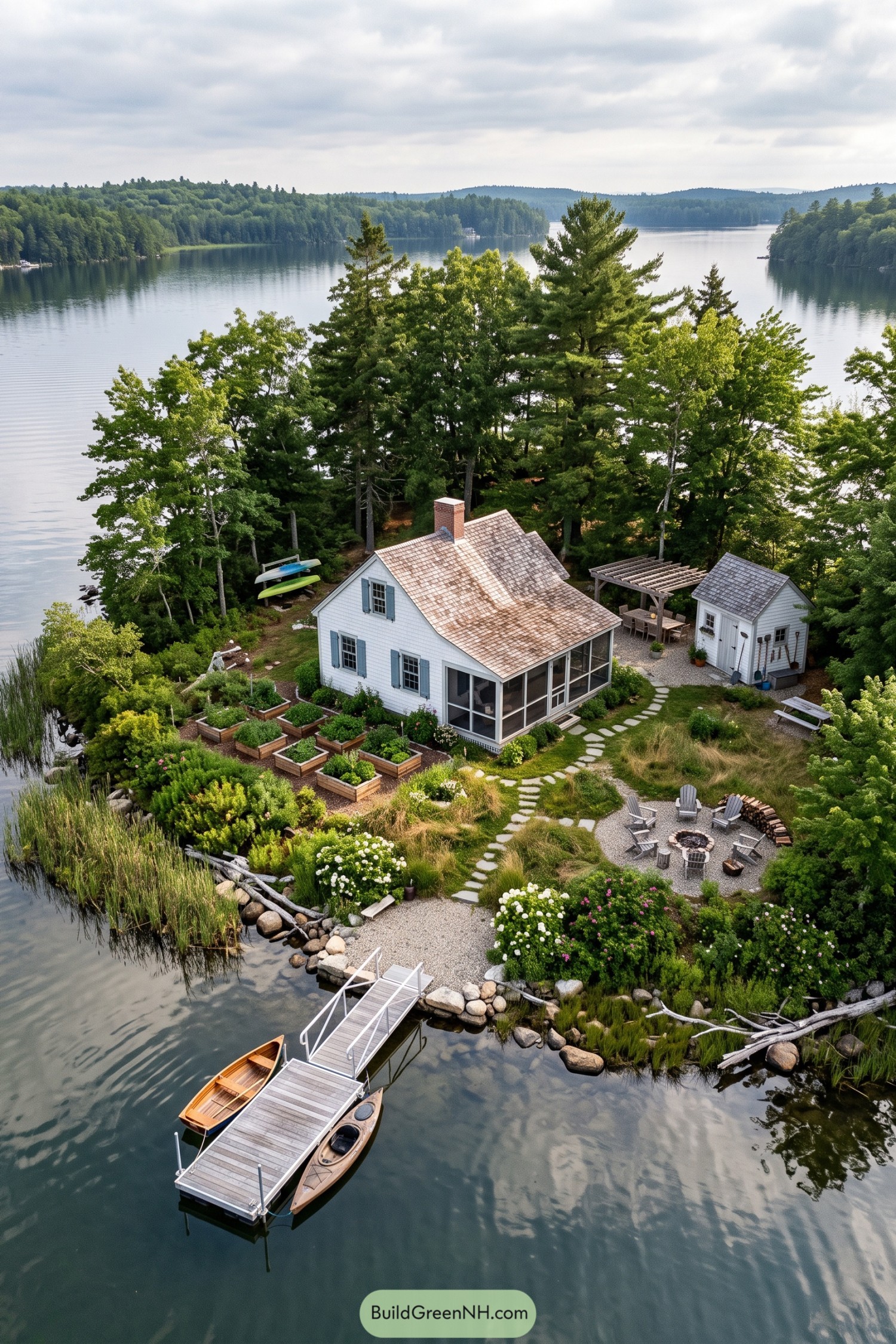 White island cottage with blue shutters screened porch raised garden beds and a small waterfront dock