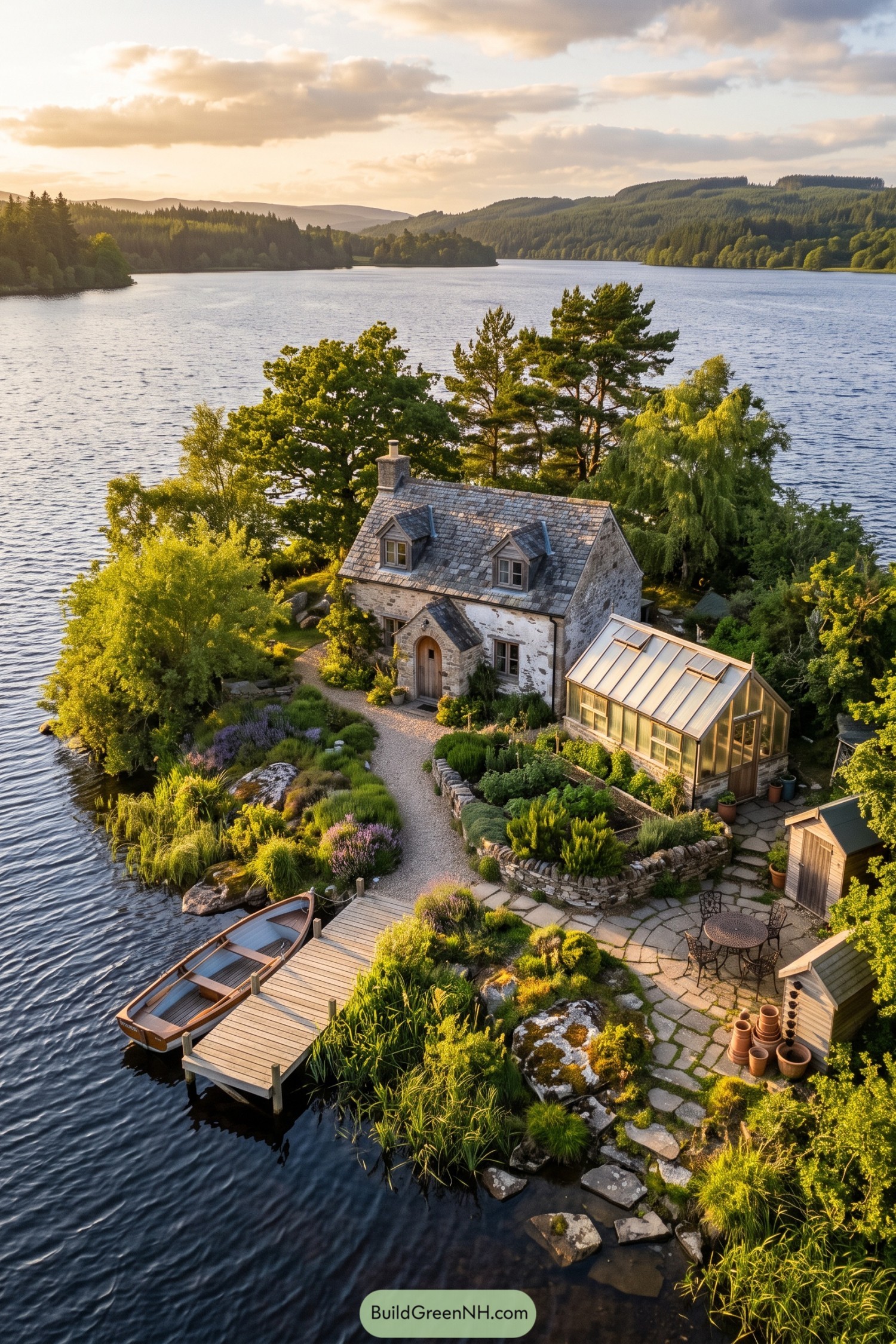 Stone island cottage with dormer windows a glasshouse and terraced gardens beside a wooden dock
