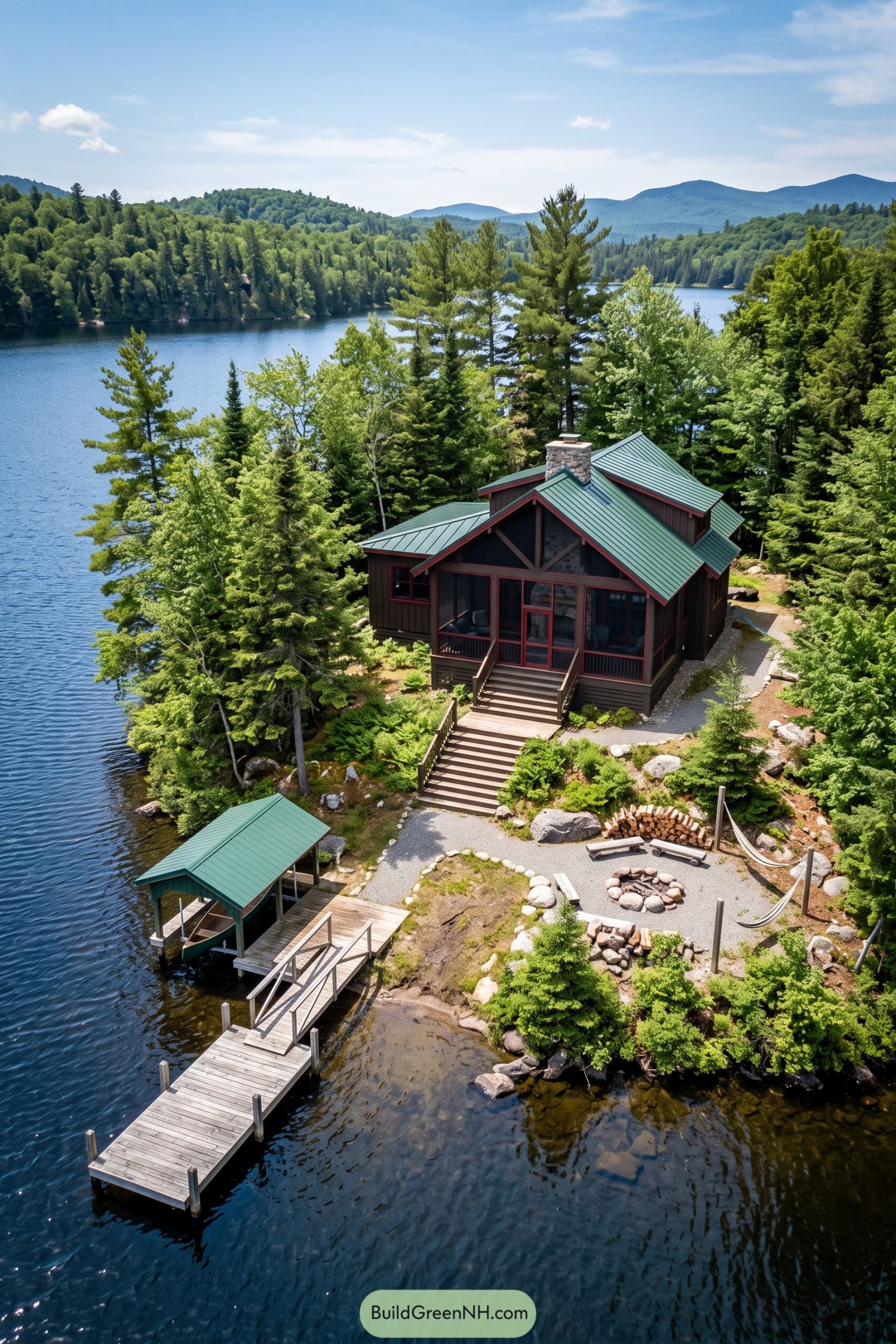 Wooded island cottage with brown siding, a screened porch, green metal roofs, and a dock beside a covered canoe slip