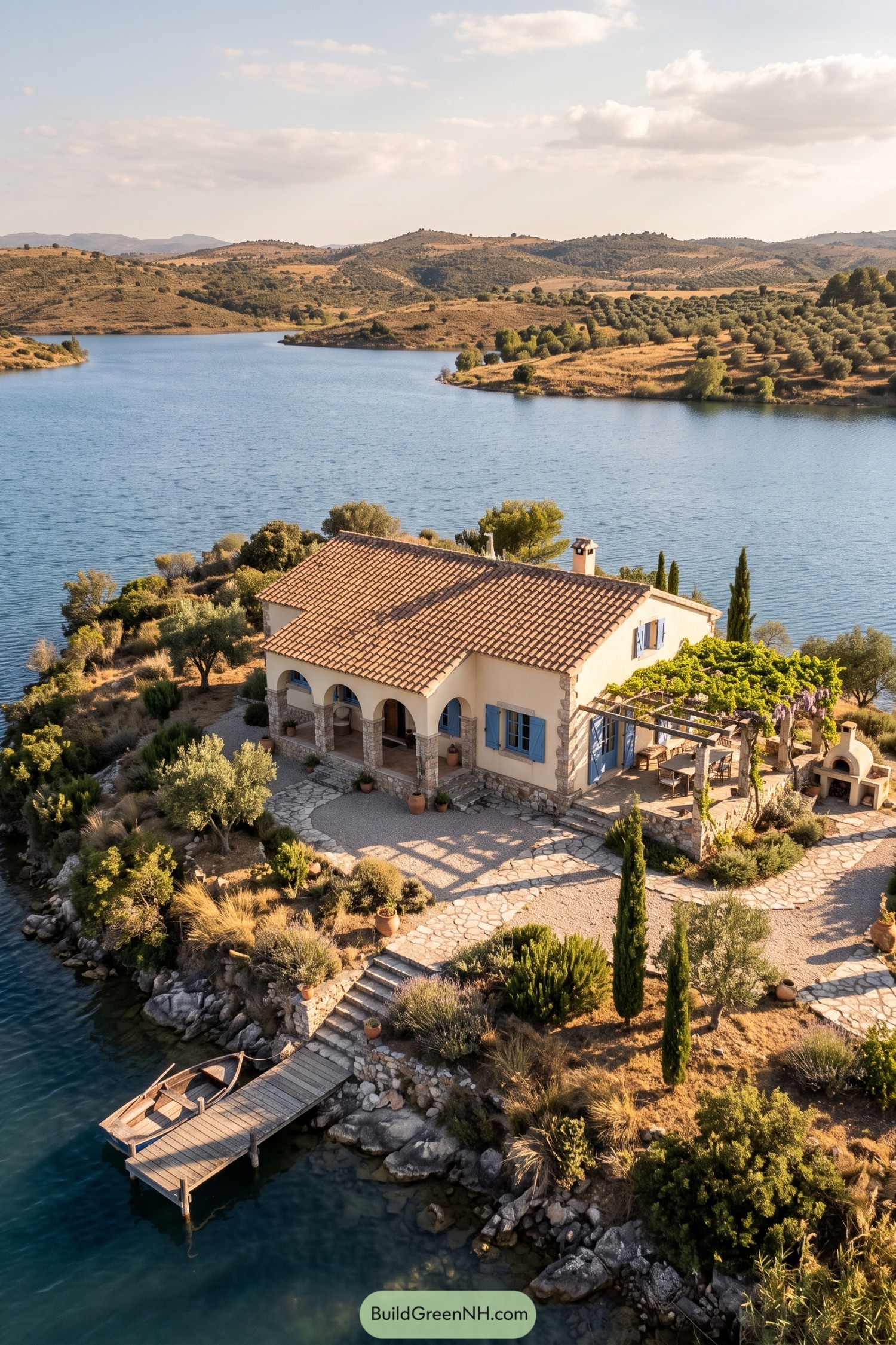 Mediterranean island cottage with cream walls, terracotta roof tiles, an arched porch, and a flowering pergola beside the water