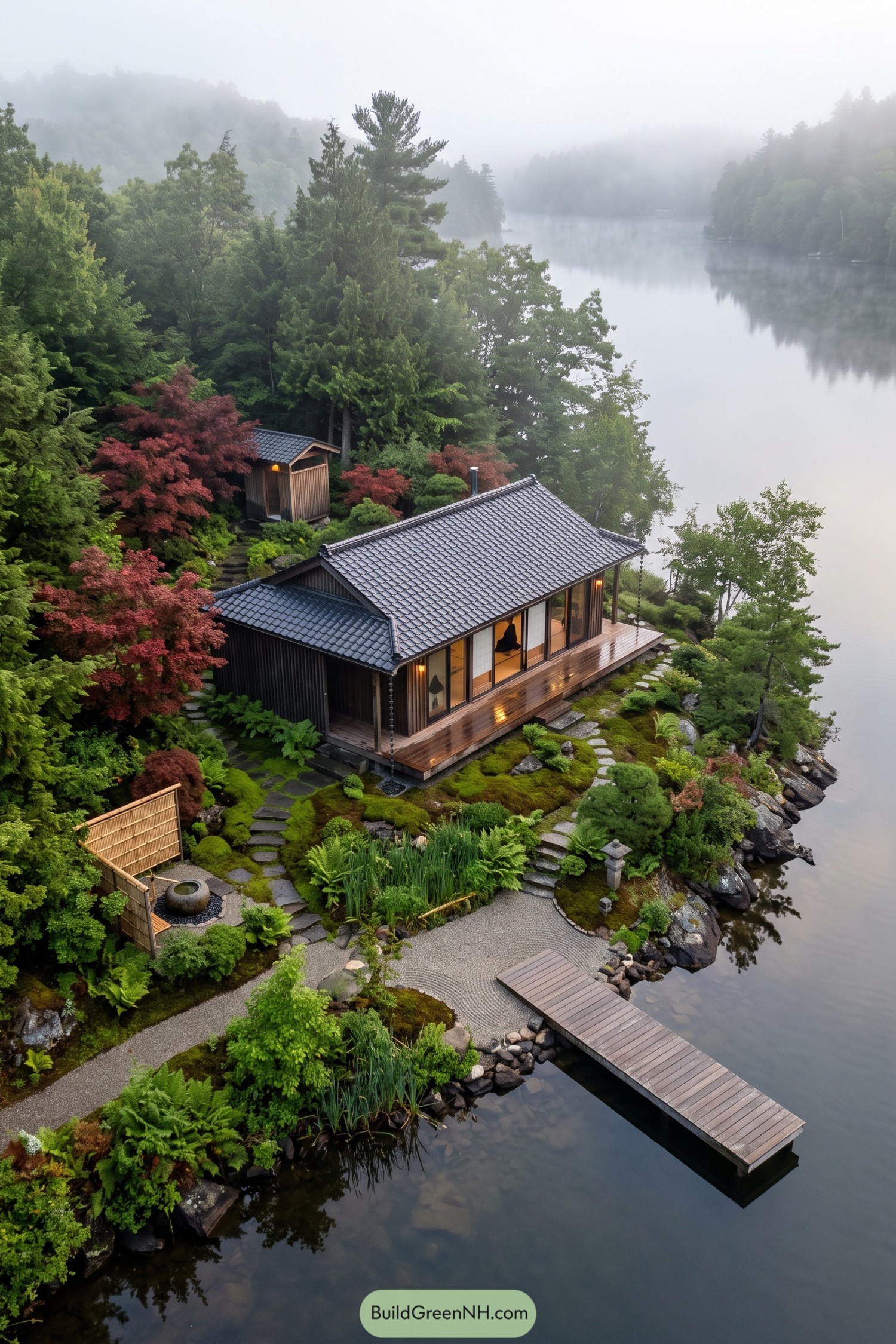 Japanese inspired lakeside cottage with a tiled roof, timber veranda, moss gardens, and a wooden dock