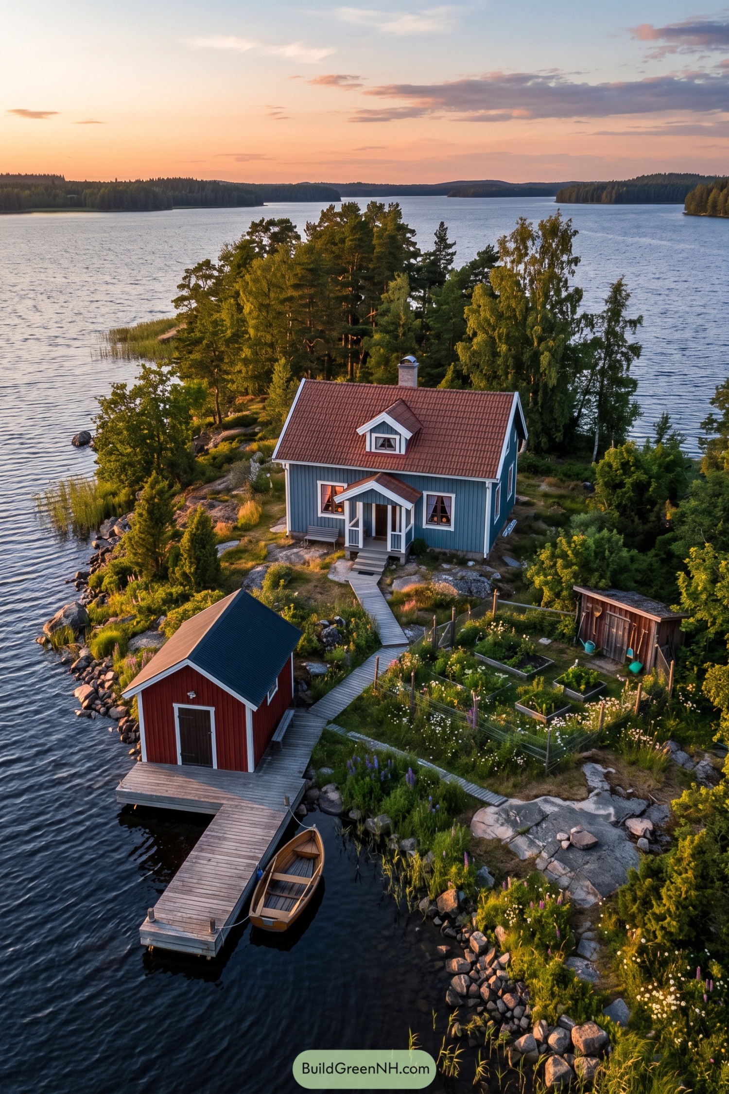 Blue island cottage with a red tiled roof and white porch beside a dock and red boathouse