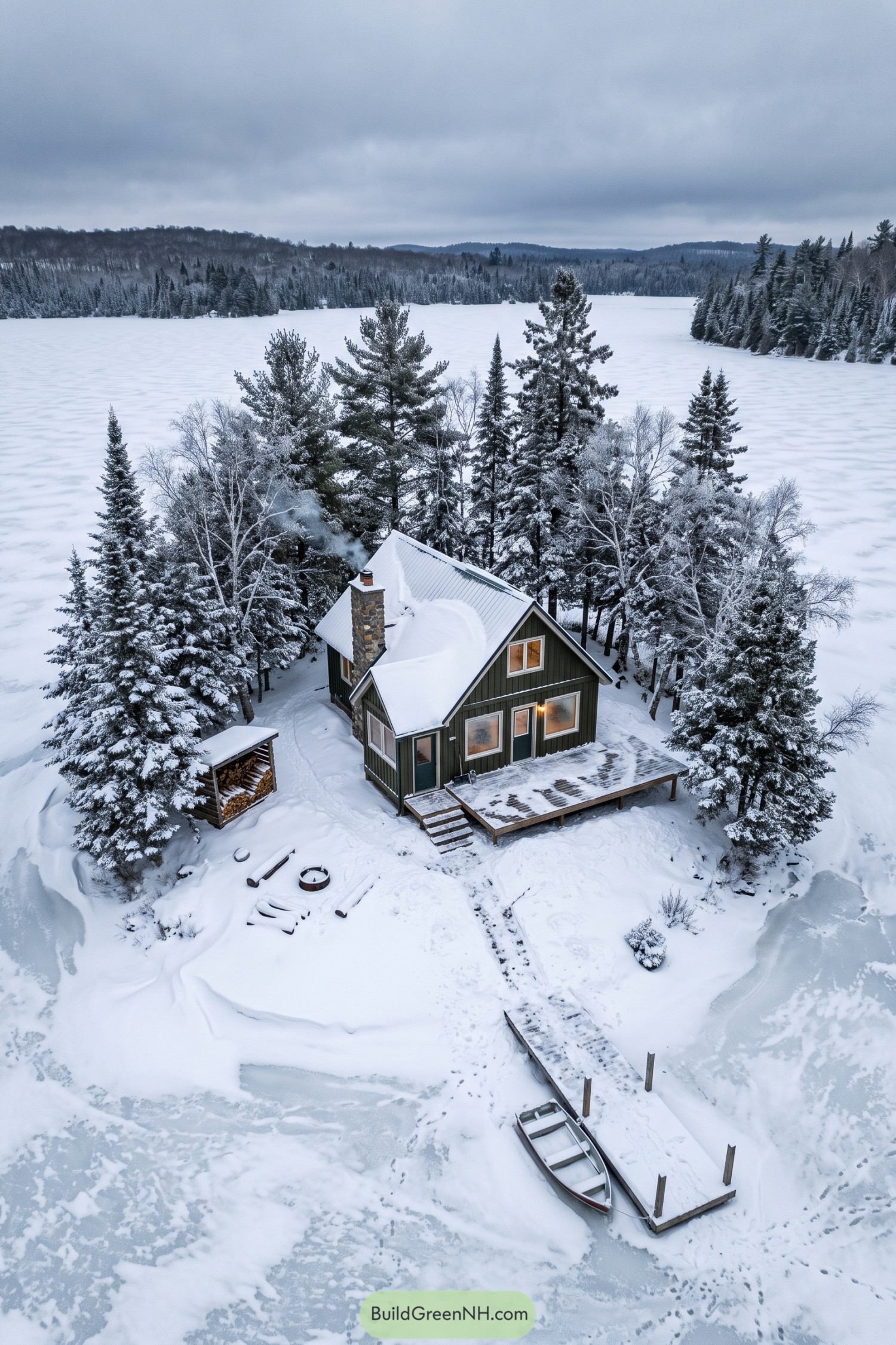 Dark green island cottage with snowy gabled roofs, a stone chimney, a timber deck, and a dock on a frozen lake