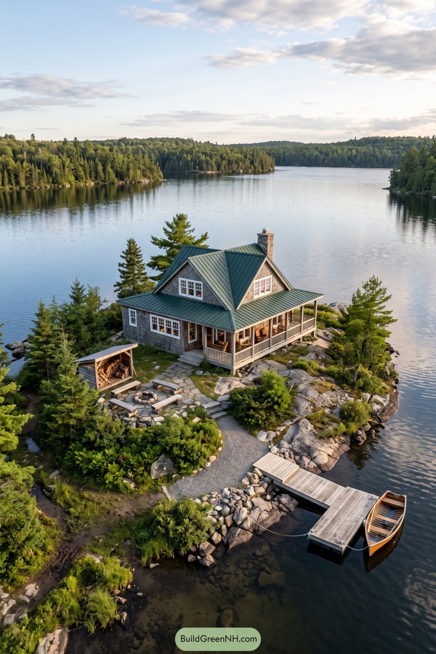 Shingle cottage with a green metal roof and wraparound porch on a rocky island beside a wooden dock