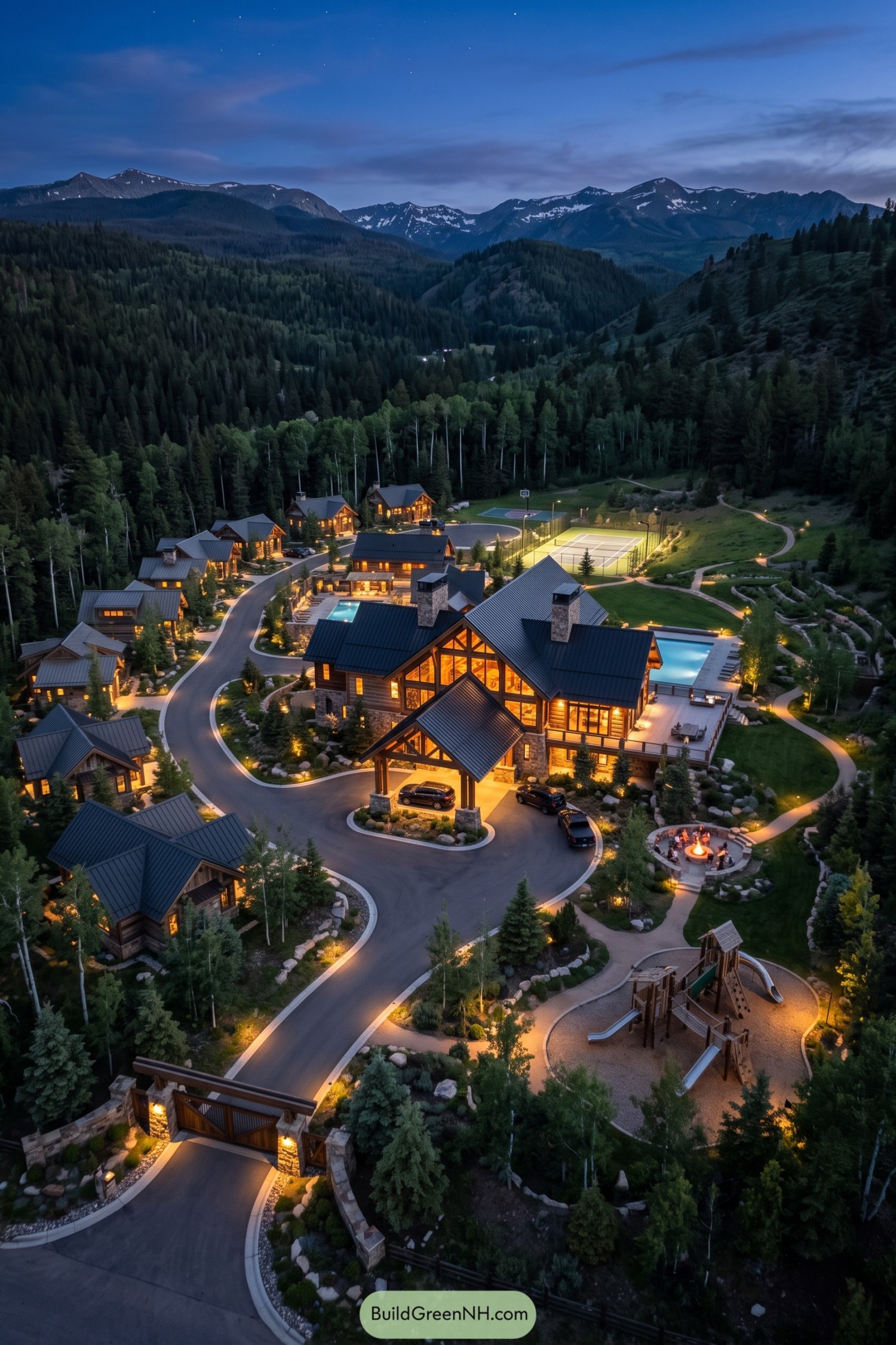Mountain family compound with timber lodges pool and courts at dusk