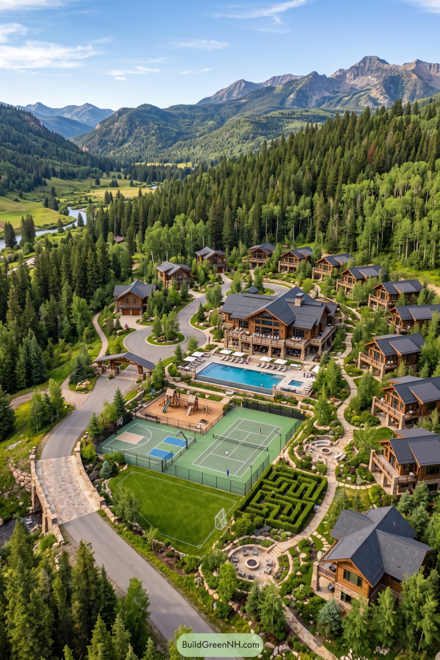 Mountain lodge compound with cabins pool and courts