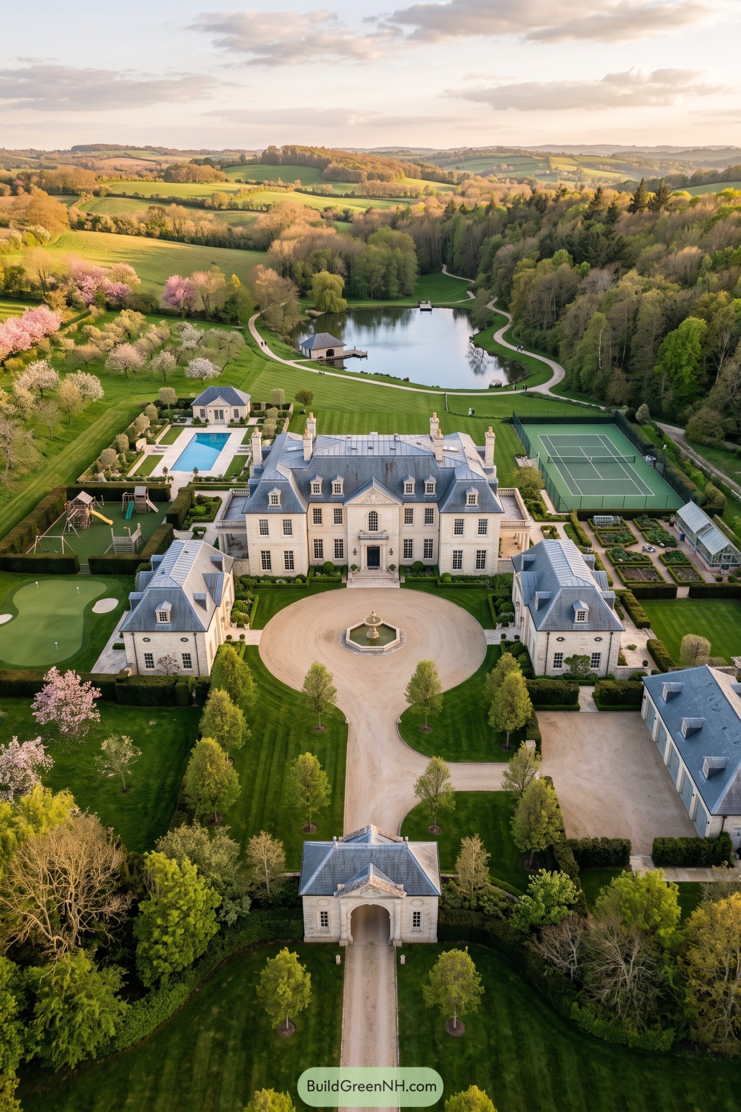 A formal limestone manor with gardens pool tennis court and private lake