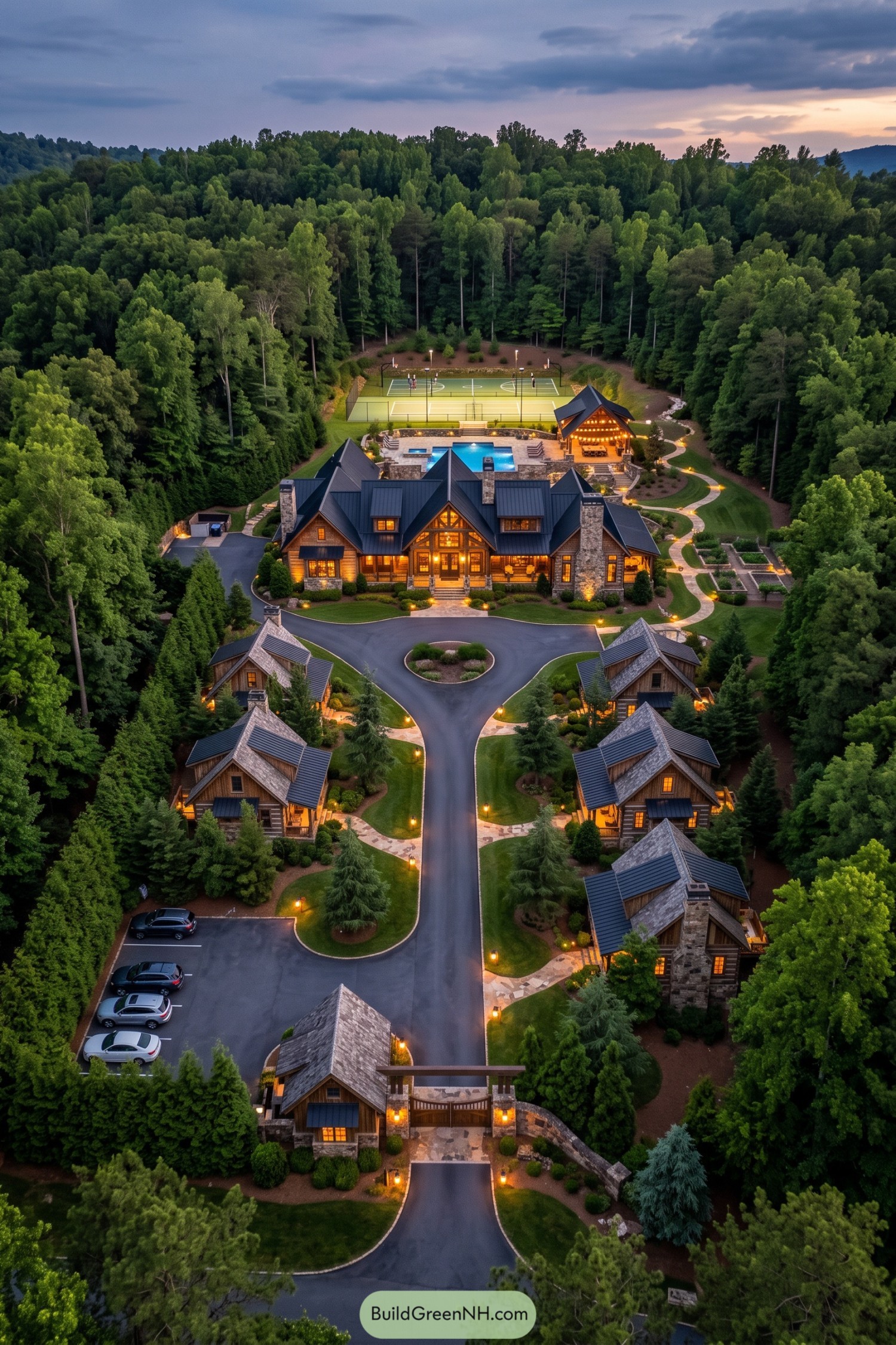 Woodland family compound with a central lodge guest cabins pool and sports courts
