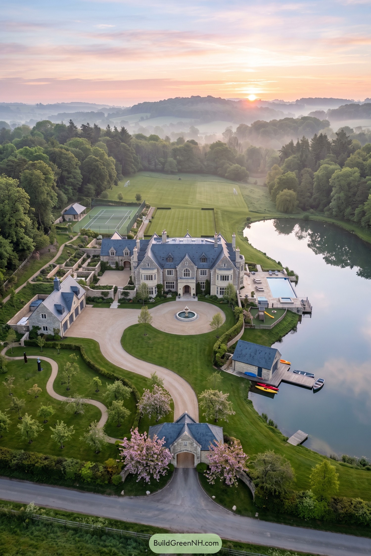 A grand stone estate with pool tennis court and private dock