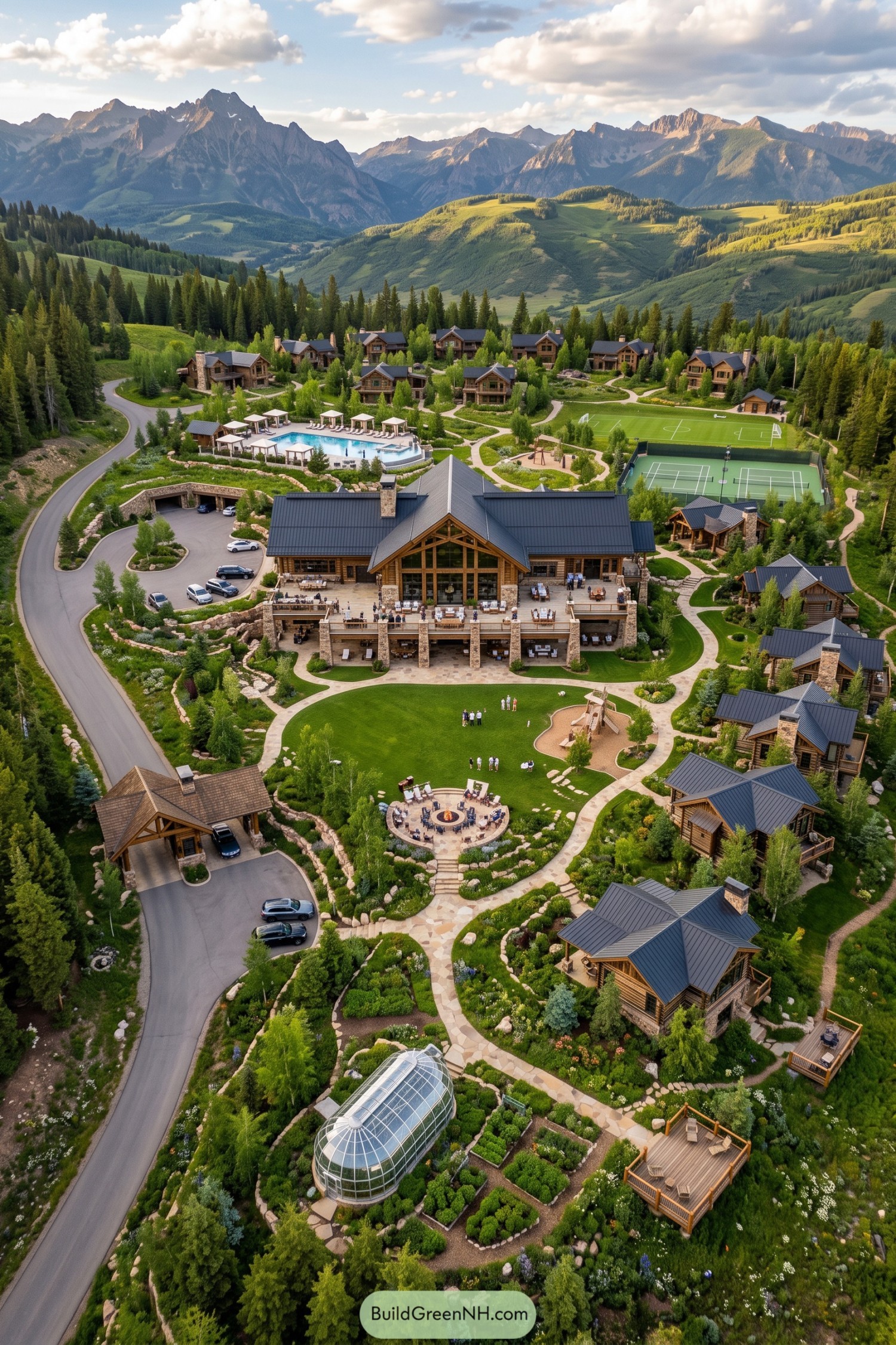 Mountain lodge compound with cabins pool courts and greenhouse