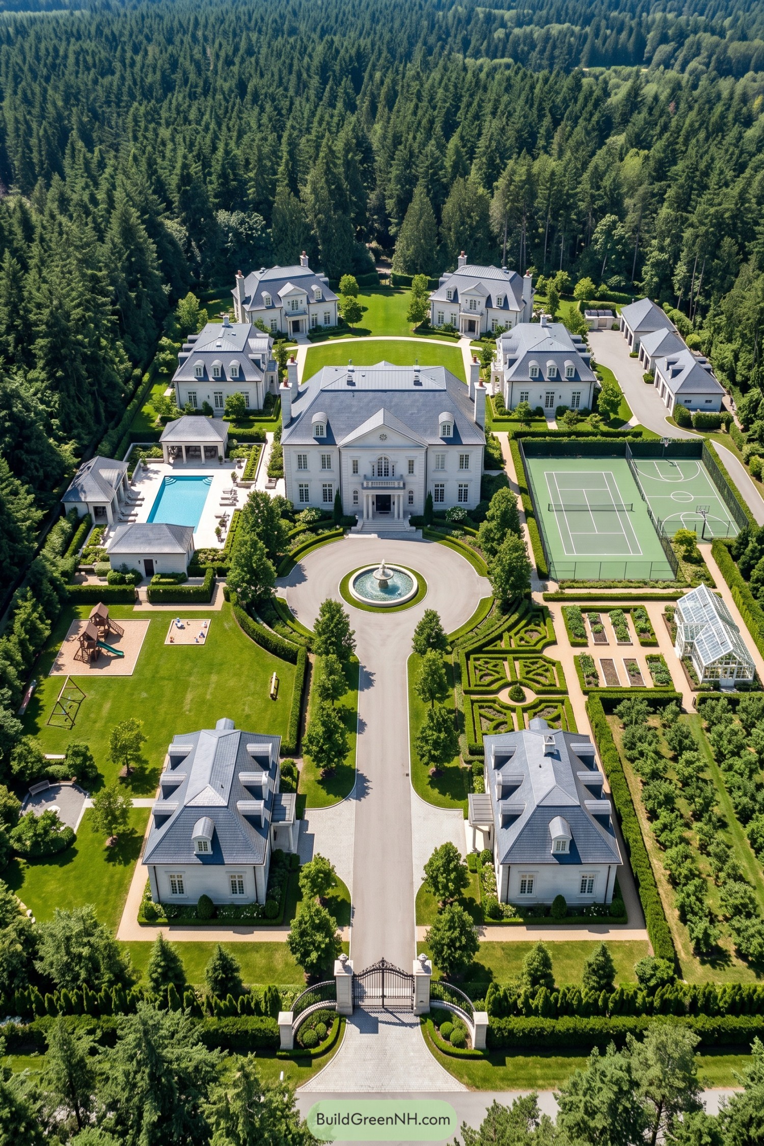 Aerial view of a grand white mansion compound with gardens pool and sports court