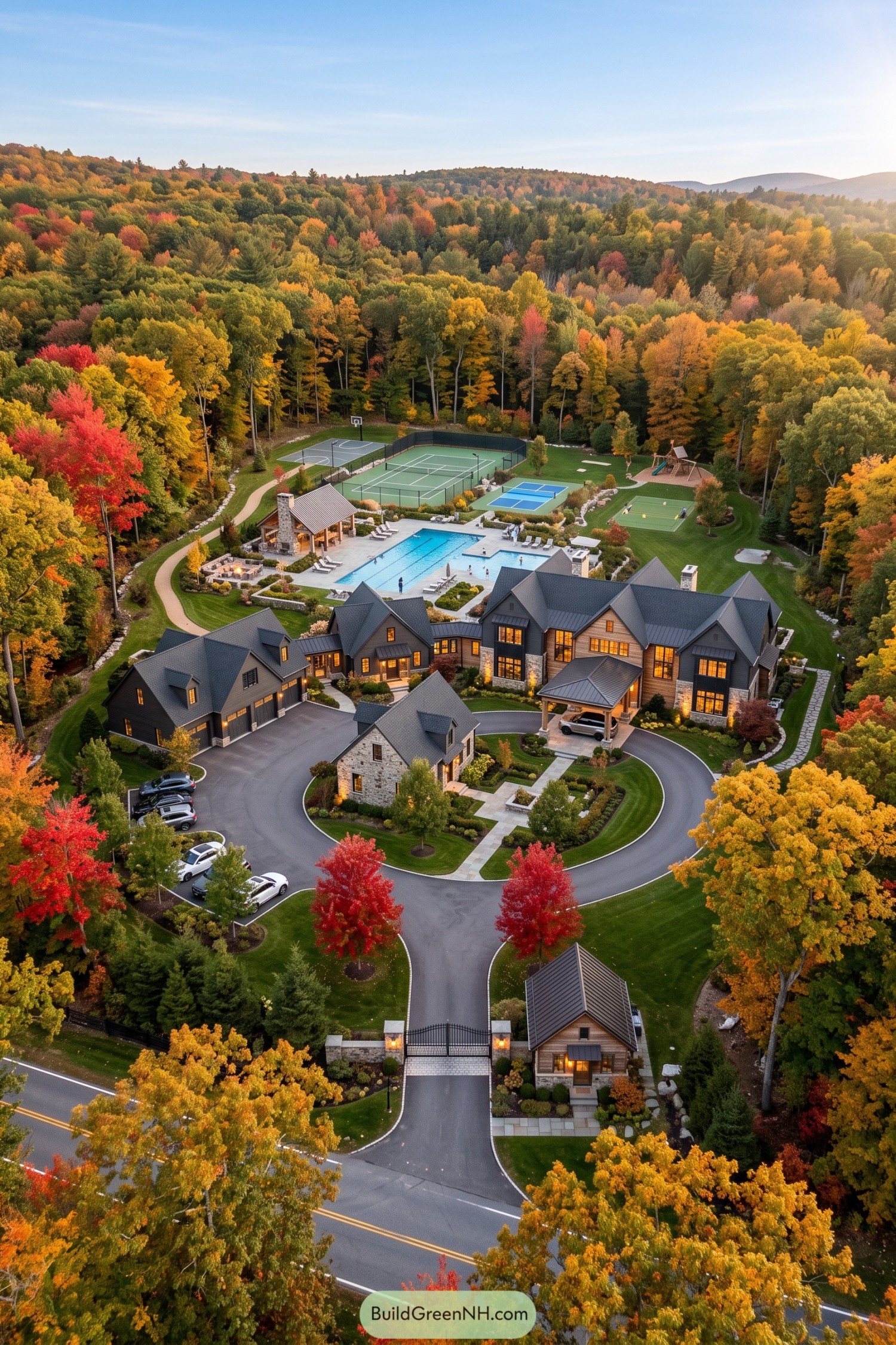 A grand wooded estate with pool courts and autumn gardens